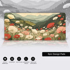 A serene landscape featuring a vibrant field of poppy wildflowers in shades of red, white, and soft pink, stretching across rolling hills. The scene is framed by lush, forested mountains in the background, with a gentle, muted sky overhead. The composition emphasizes intricate botanical details of the flowers, with delicate stems and petals swaying in a light breeze. The style is highly detailed, inspired by vintage botanical illustrations, with a harmonious color palette of earthy greens, soft creams