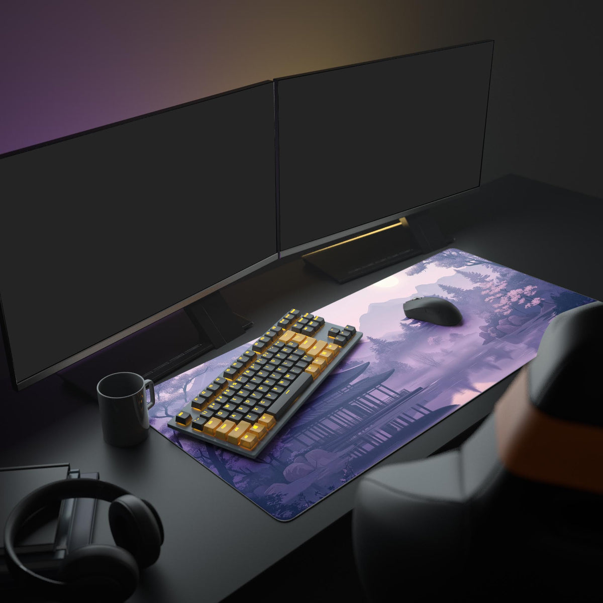 Purple Japanese Desk Pad in a dark gaming setup with a mechanical keyboard, a mouse and headphones