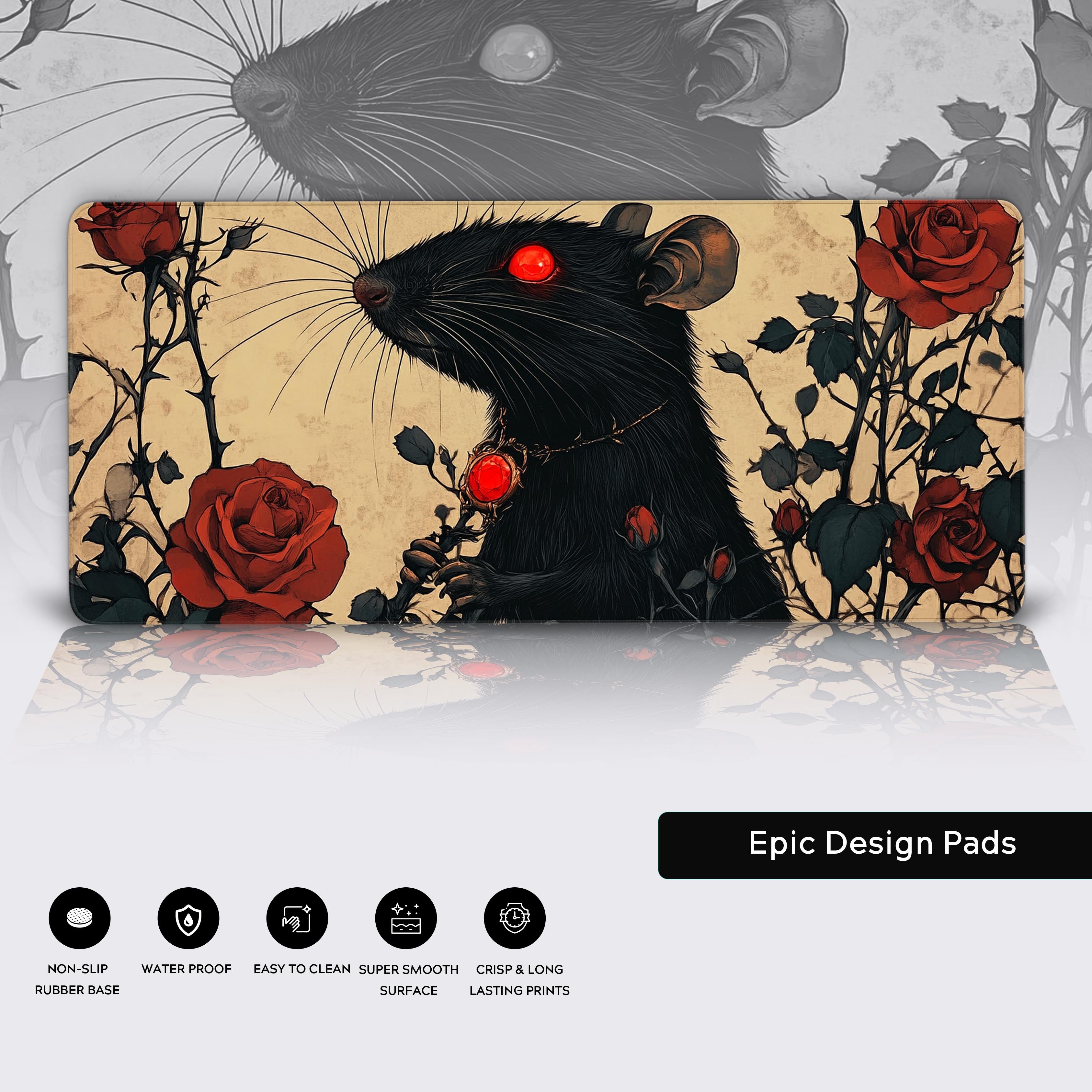 A dark and artistic depiction of a black rat with glowing red eyes, wearing a crimson gemstone pendant, surrounded by thorny rose bushes with vivid red roses, gothic and eerie atmosphere, muted beige background with textured details, dramatic contrast, intricate linework, storybook fantasy style, 4K resolution