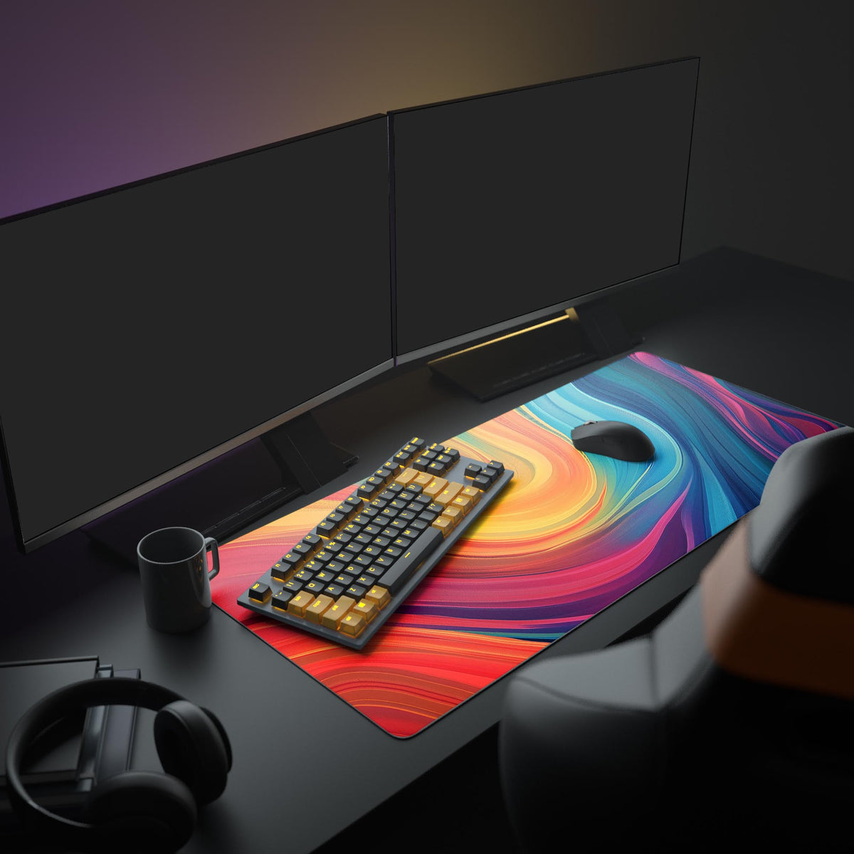 Retro Wavy Desk Pad in a dark gaming setup with a mechanical keyboard, a mouse and headphones