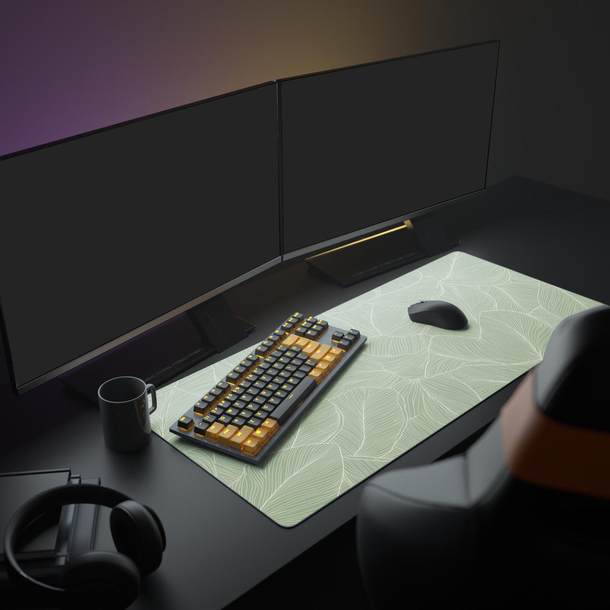 Sage Green Desk Pad in a dark gaming setup with a mechanical keyboard, a mouse and headphones