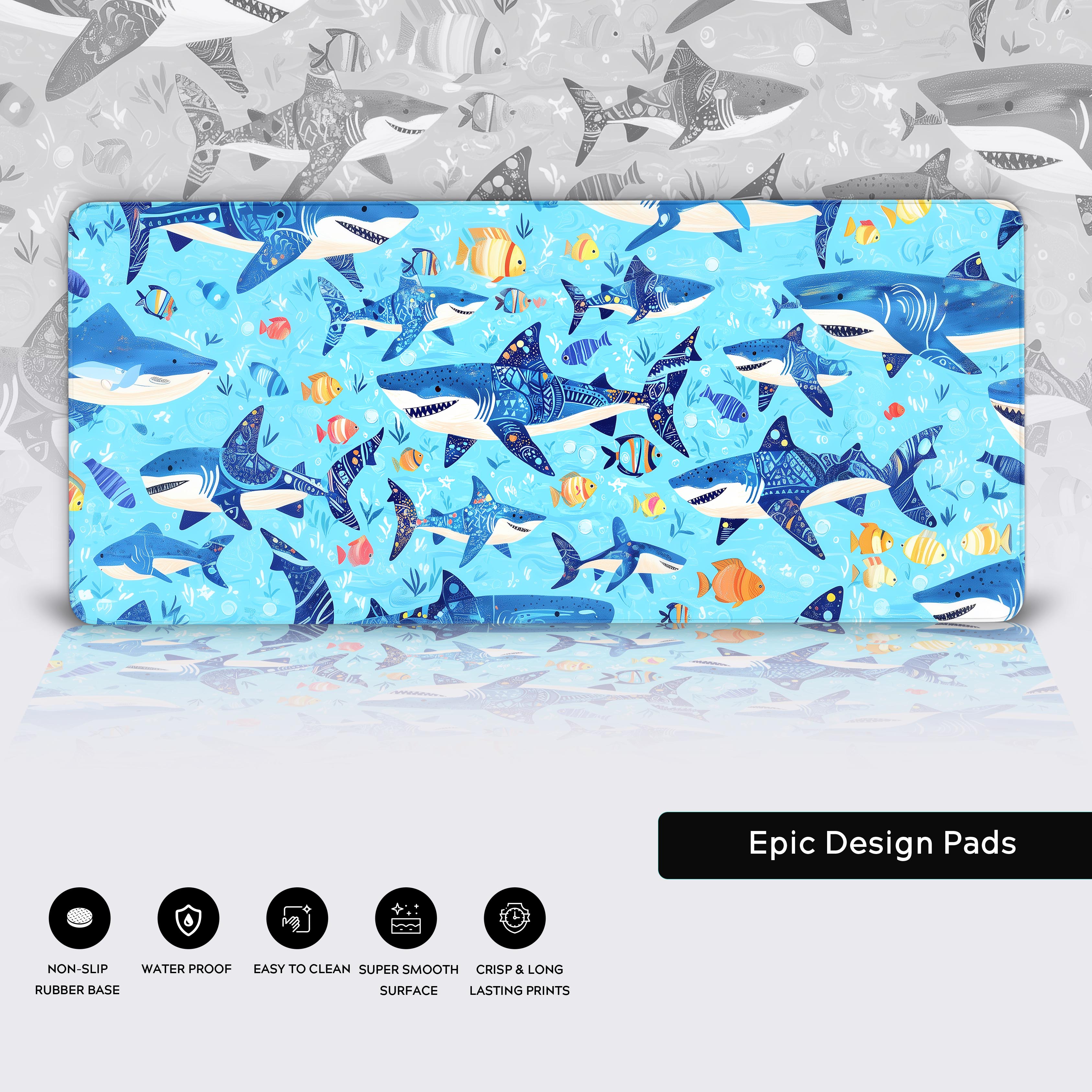 A seamless, whimsical pattern featuring sharks and small fish in a playful underwater setting. The sharks are decorated with intricate tribal and geometric patterns in shades of blue, while the small fish are colorful and cartoon-like, swimming around them. The background is a bright, aquatic light blue with scattered bubbles and abstract shapes to enhance the underwater theme. The design has a hand-drawn, illustrated style with vibrant, clean lines, perfect for a fun and cheerful aesthetic.