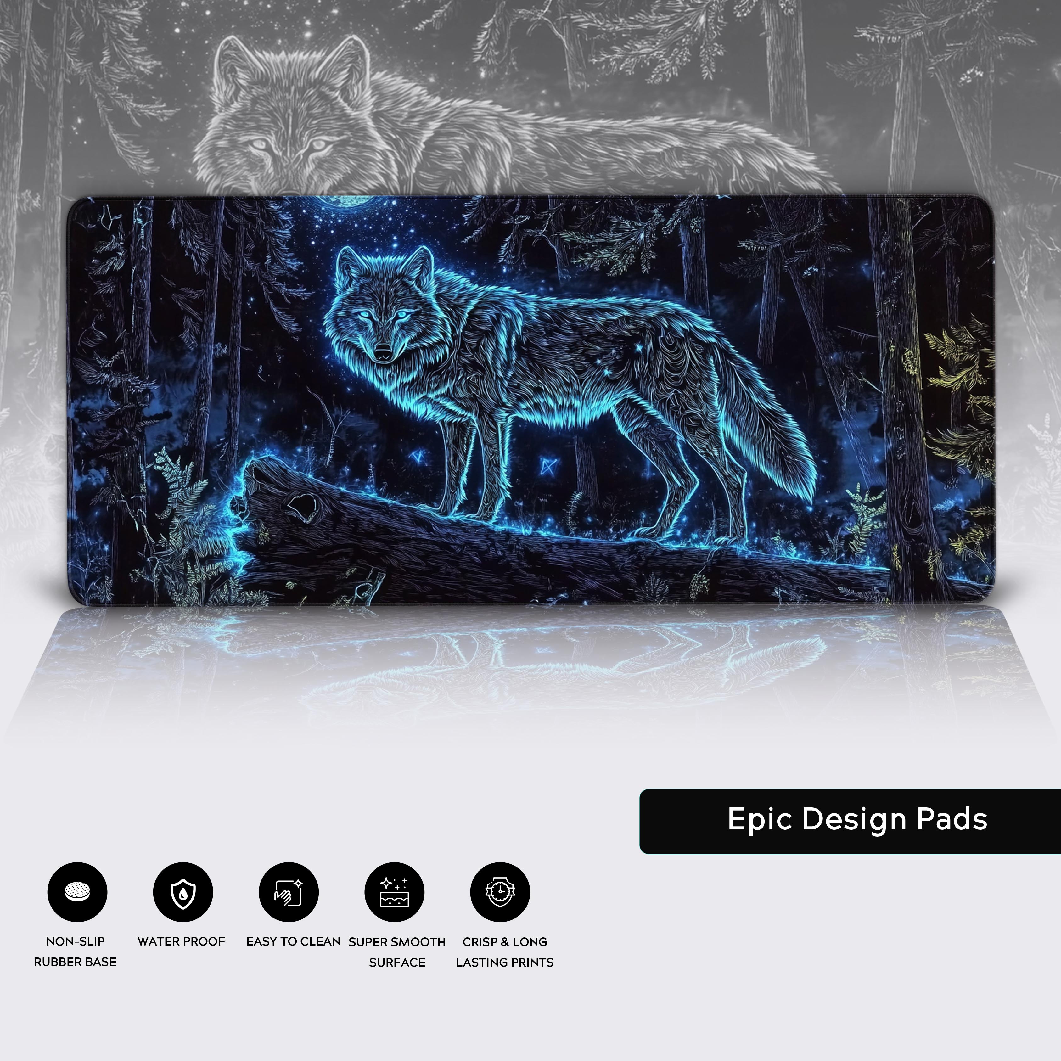 A mystical wolf standing on a fallen tree trunk in a dense, enchanted forest illuminated by a glowing blue aura. The night sky is filled with stars and a full moon, casting a serene and magical ambiance. The surrounding trees and foliage are detailed with ethereal, bioluminescent highlights. The wolf is depicted in a majestic and poised stance, its fur shimmering with intricate glowing patterns, blending harmoniously with the otherworldly forest setting. Highly detailed, cinematic, and atmospheric