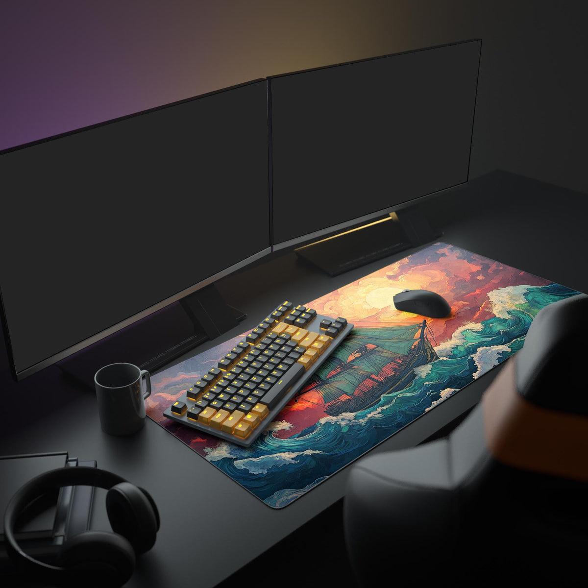 Stormy Seas Desk Pad in a dark gaming setup with a mechanical keyboard, a mouse and headphones