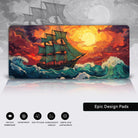 A majestic sailing ship with tall, billowing green sails cuts through turbulent ocean waves under a dramatic sky. The setting sun casts a radiant, golden glow across the scene, illuminating swirling, fiery red and orange clouds. The waves crash with energy and detail, their turquoise hues reflecting the warm light. The ship appears adventurous and timeless, evoking a sense of exploration and grandeur. The composition is dynamic and cinematic, with vibrant colors and intricate details, capturing the romance 