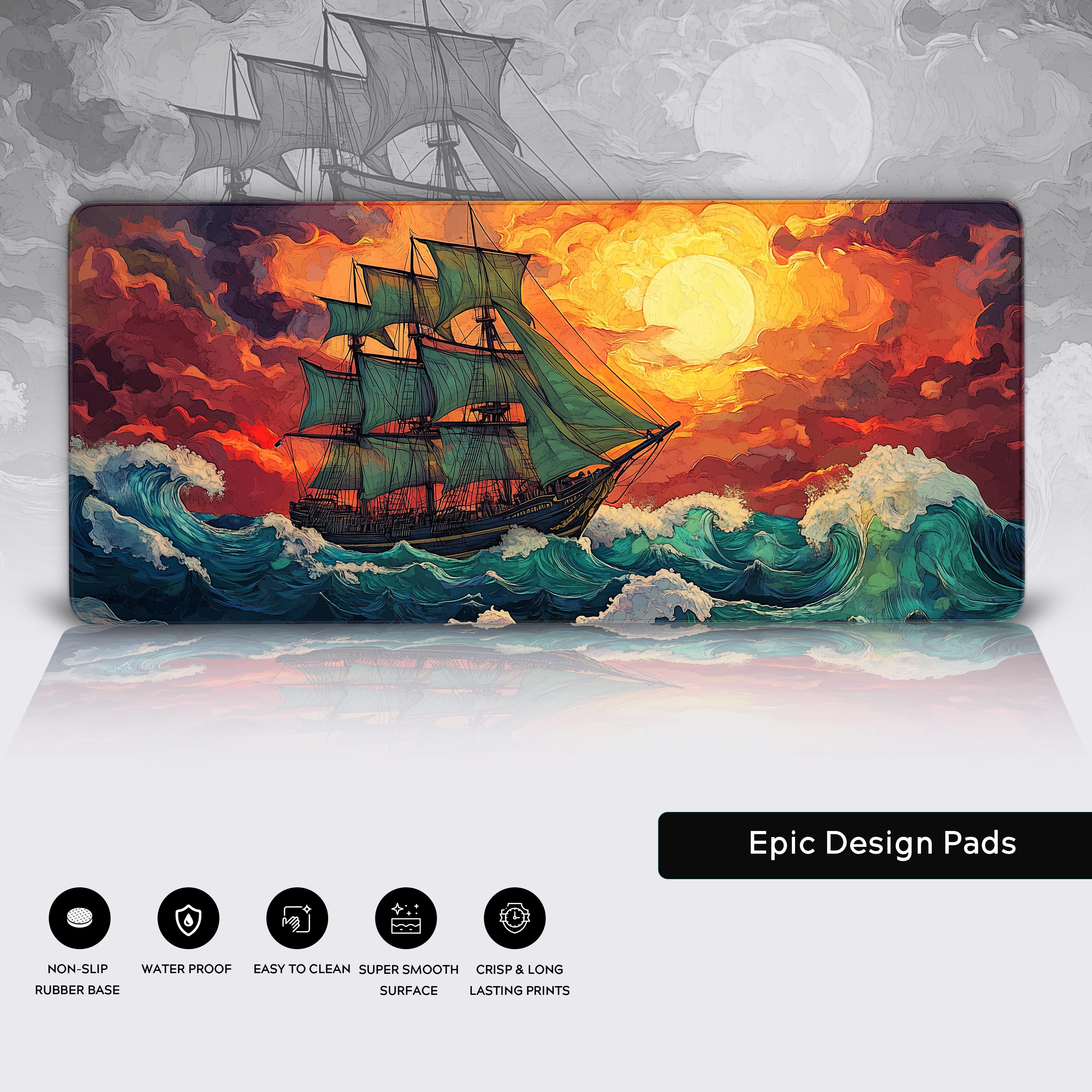 A majestic sailing ship with tall, billowing green sails cuts through turbulent ocean waves under a dramatic sky. The setting sun casts a radiant, golden glow across the scene, illuminating swirling, fiery red and orange clouds. The waves crash with energy and detail, their turquoise hues reflecting the warm light. The ship appears adventurous and timeless, evoking a sense of exploration and grandeur. The composition is dynamic and cinematic, with vibrant colors and intricate details, capturing the romance 