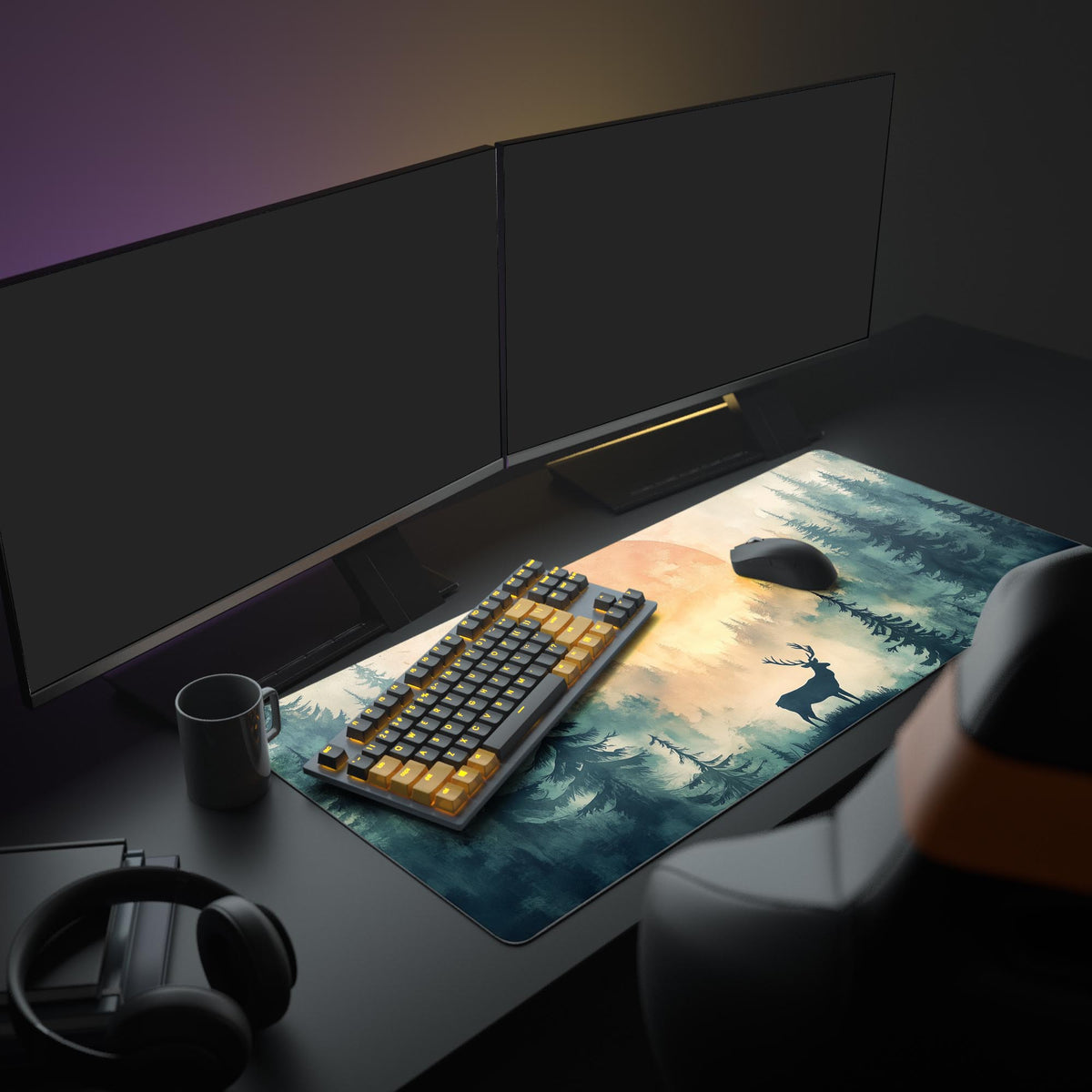 Throne Of Glass Desk Pad in a dark gaming setup with a mechanical keyboard, a mouse and headphones