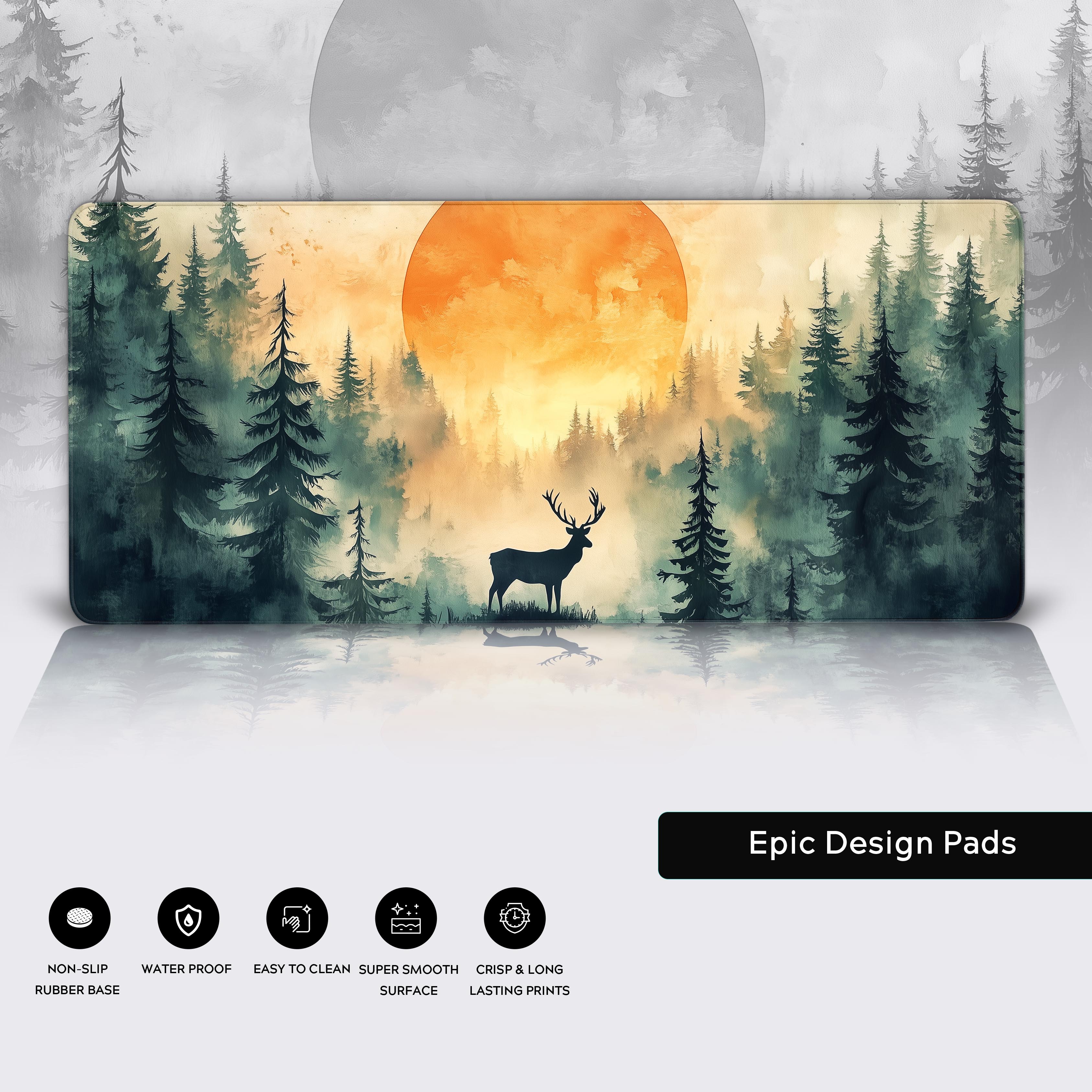 A serene watercolor-style landscape featuring a majestic stag silhouetted against a glowing, oversized sun, surrounded by tall evergreen trees and layers of misty forest fading into the distance, soft and warm orange hues blending into cool greens and blues, tranquil and atmospheric composition, fantasy-inspired, delicate brushstrokes, and subtle texture