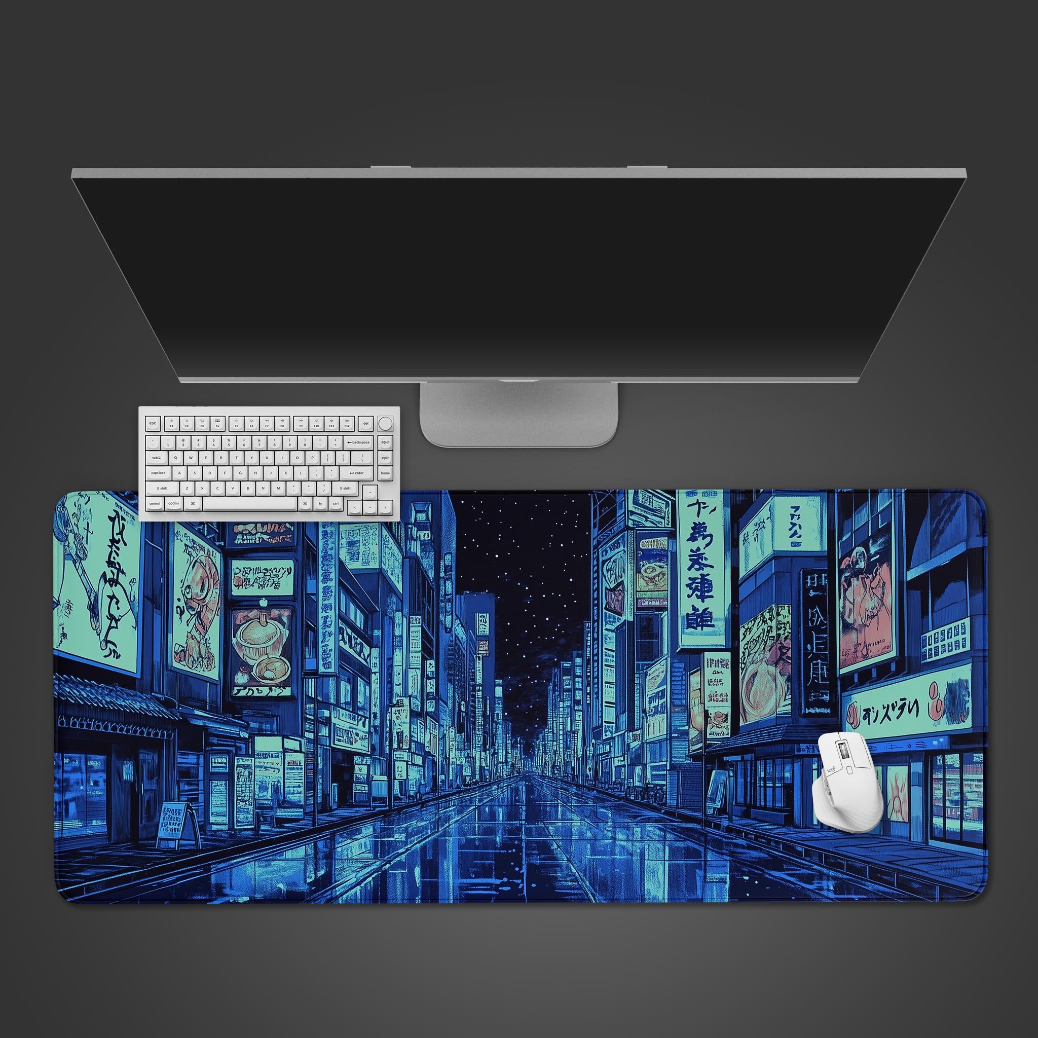 Gaming Desk Mat xl, Tokyo Street Mouse Pad, extra large deskmat anime, Green turquoise Vaporwave Skyline/City desk mat, XXL mousepad