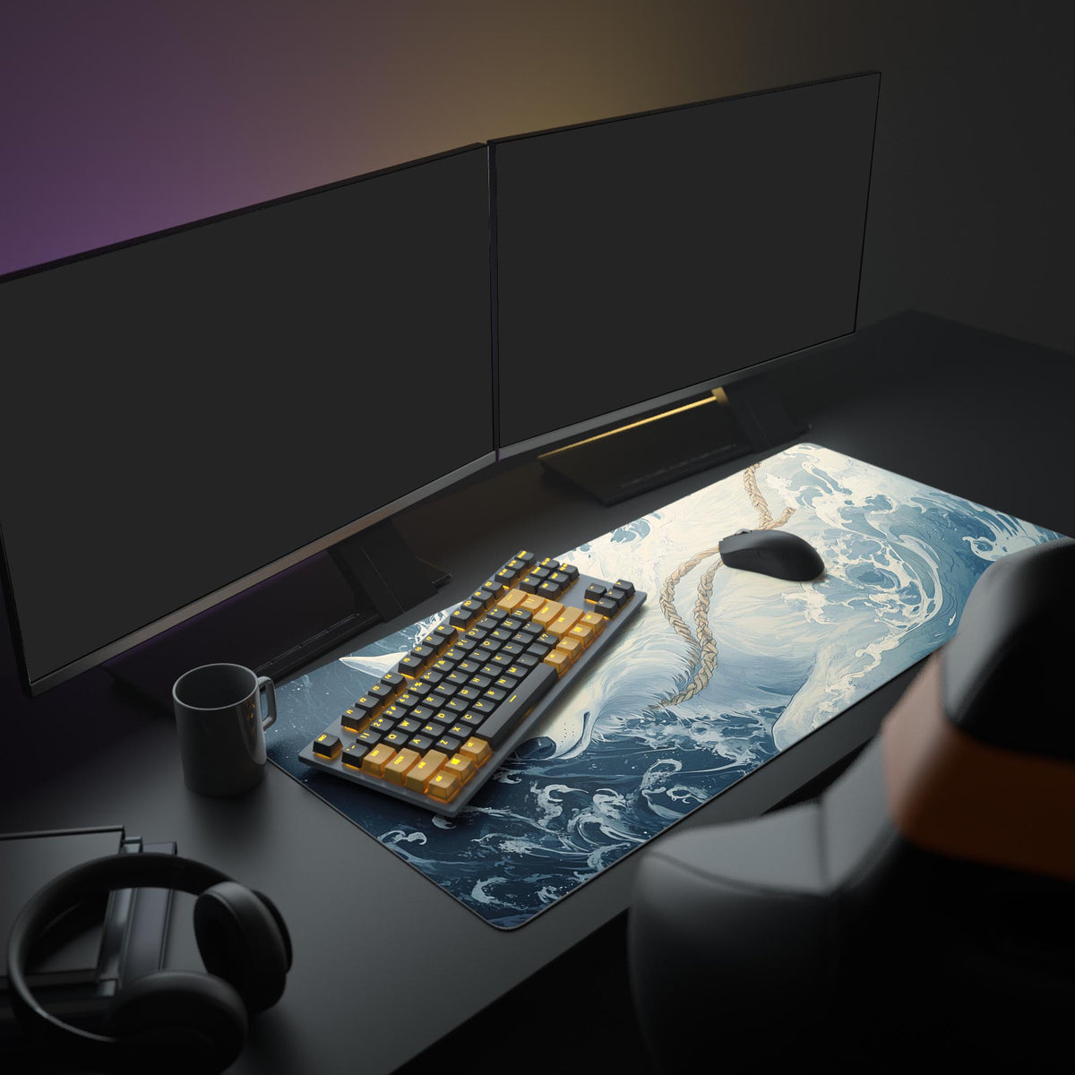 Wolf Spirit Desk Pad in a dark gaming setup with a mechanical keyboard, a mouse and headphones