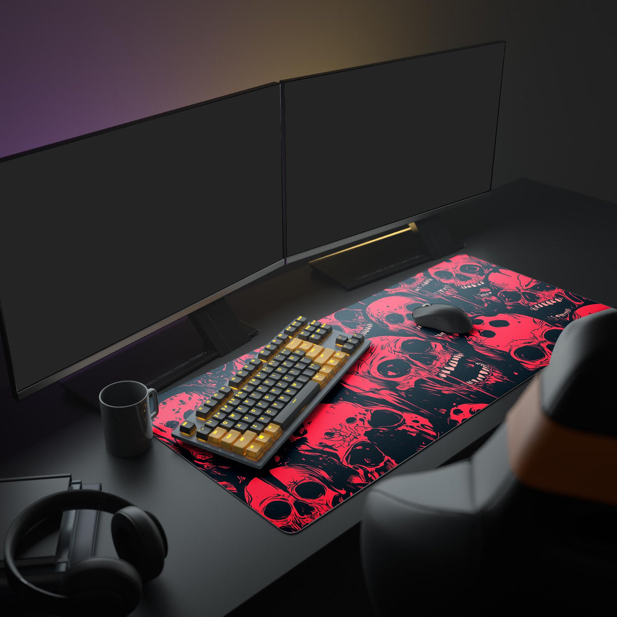 Zombie Horde Desk Pad in a dark gaming setup with a mechanical keyboard, a mouse and headphones