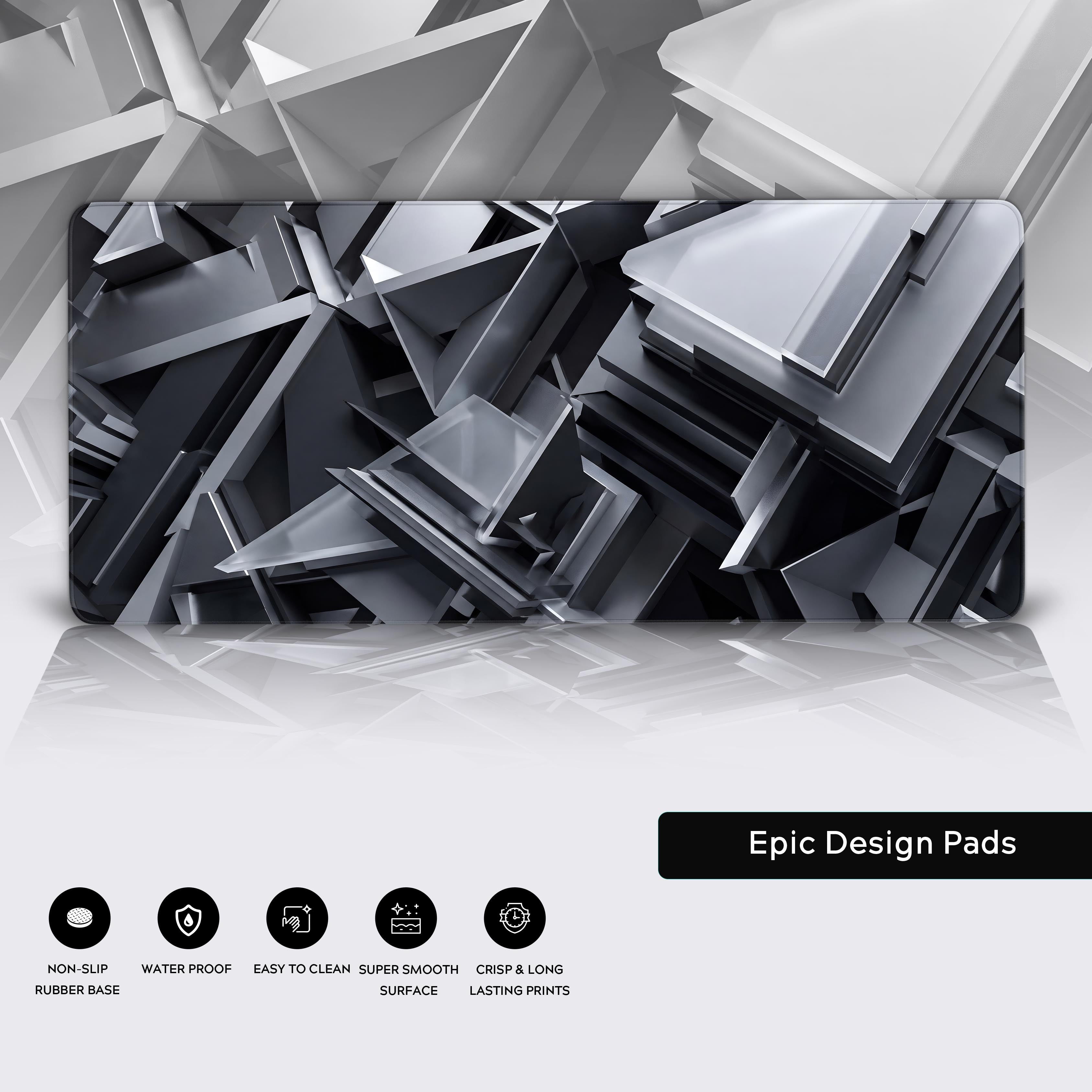 Modern tech workspace setup featuring a large monochromatic geometric desk pad