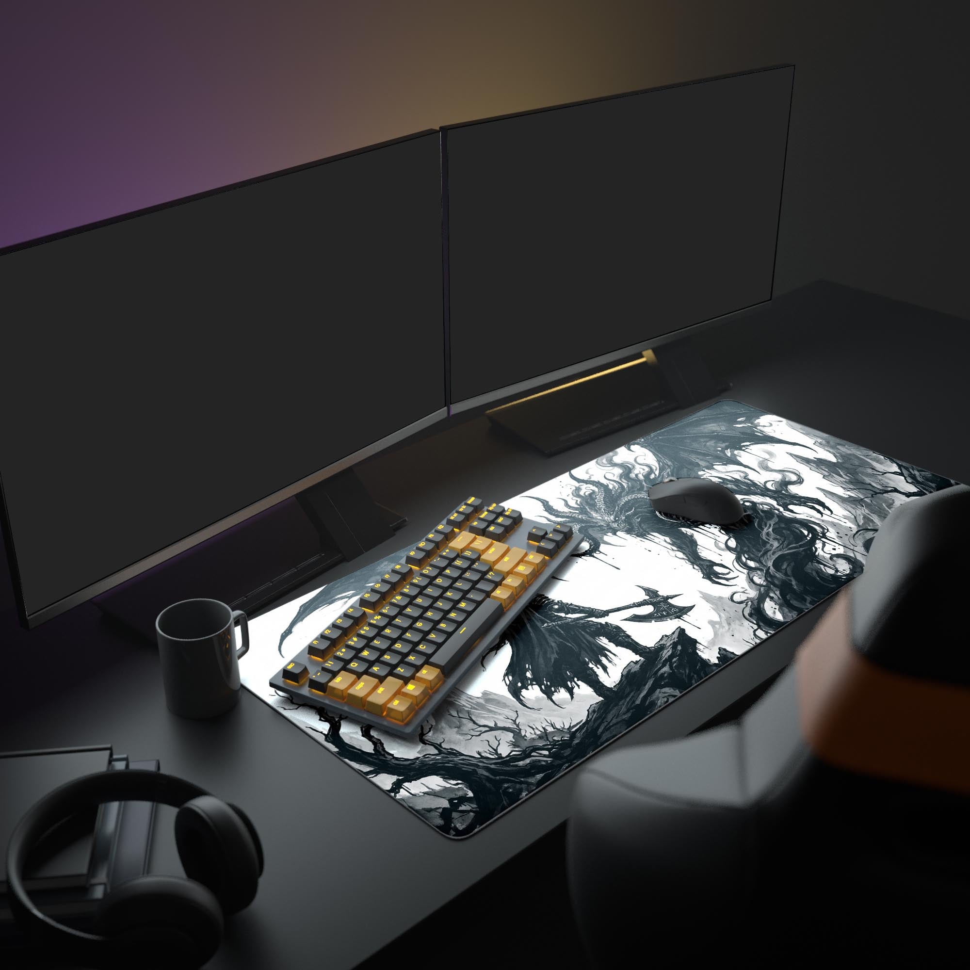 The Abyssal Confrontation dark fantasy mouse pad enhances a gaming setup, shown with a large monitor and keyboard, creating an epic, monochrome aesthetic. - Epic Design Pads & Mousepads