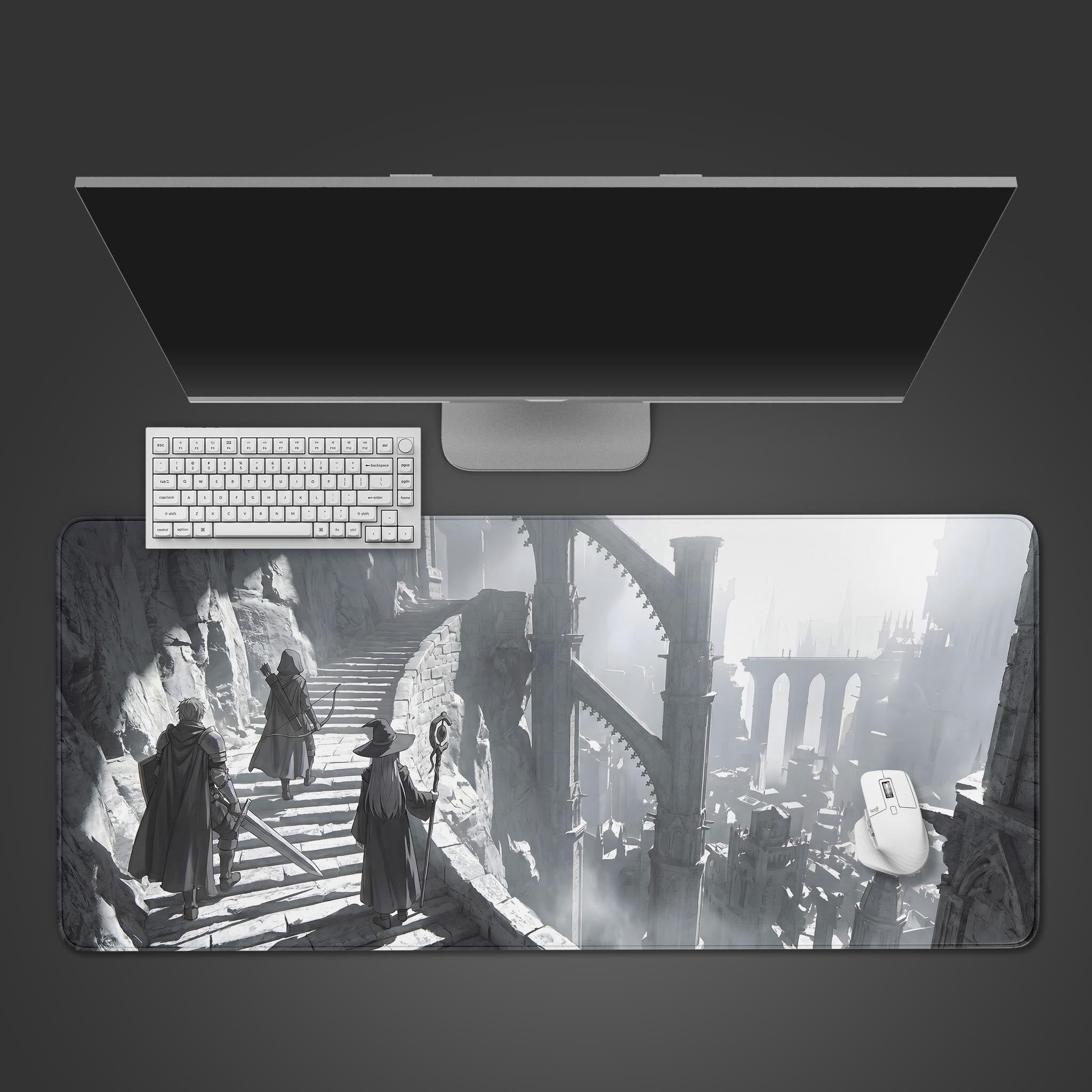 A dark fantasy desk mat featuring a knight, archer, and wizard climbing stone stairs toward a massive gothic cathedral in a misty monochrome city.