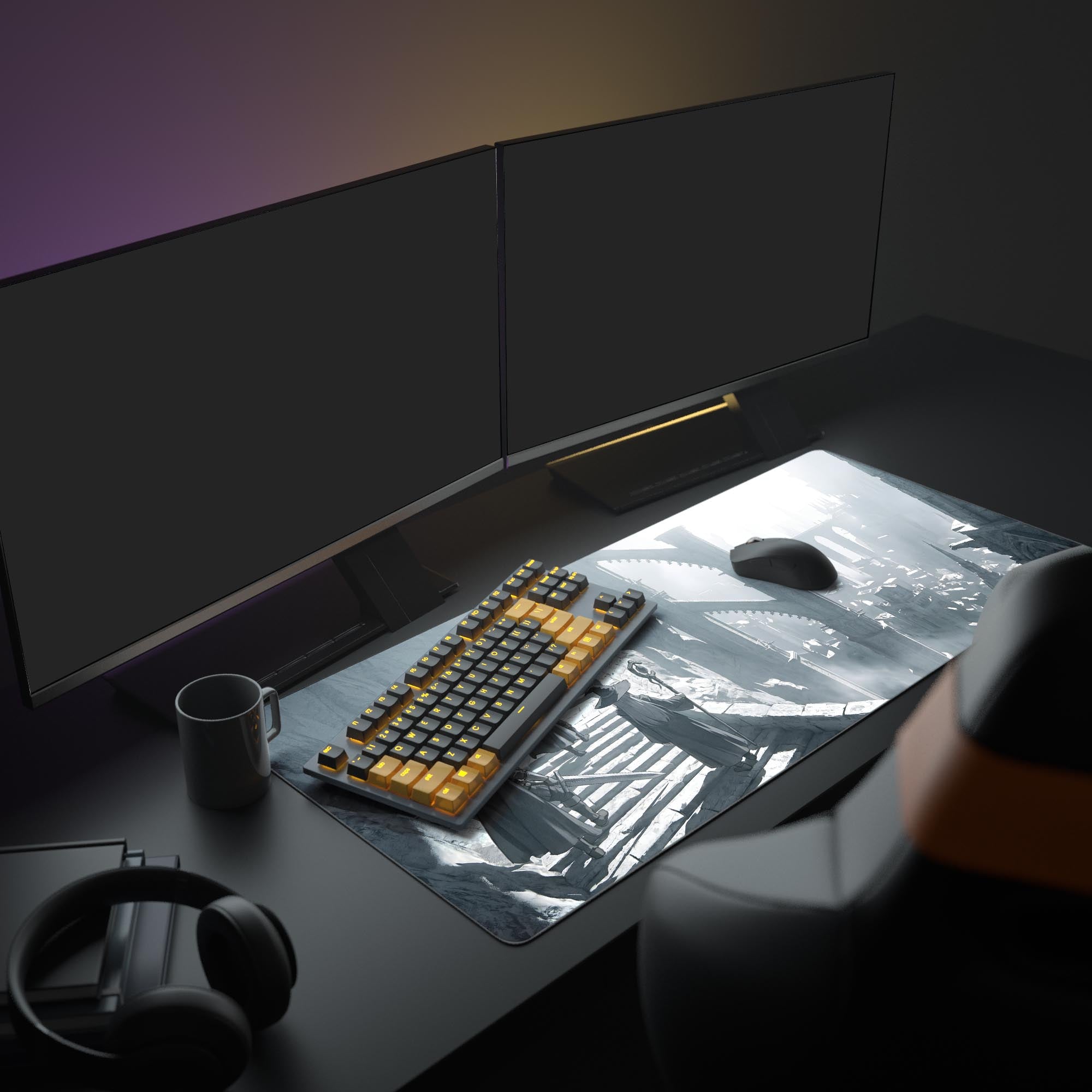 Close-up of the smooth gaming mouse pad surface showing intricate grayscale artwork of adventurers exploring an epic medieval fantasy metropolis.