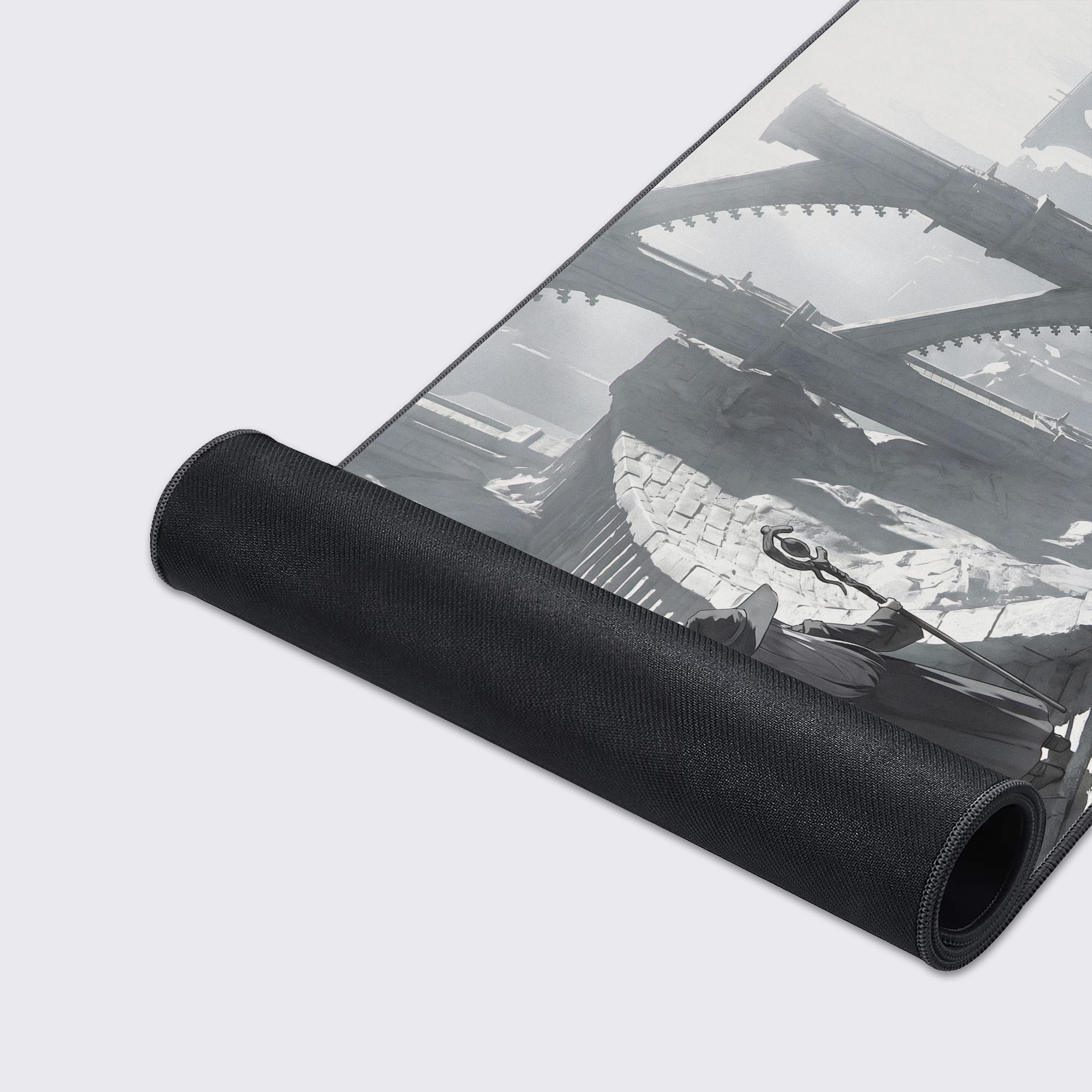 Features of the dark fantasy RPG desk mat highlighting non-slip rubber base, waterproof coating, and crisp long-lasting print quality.