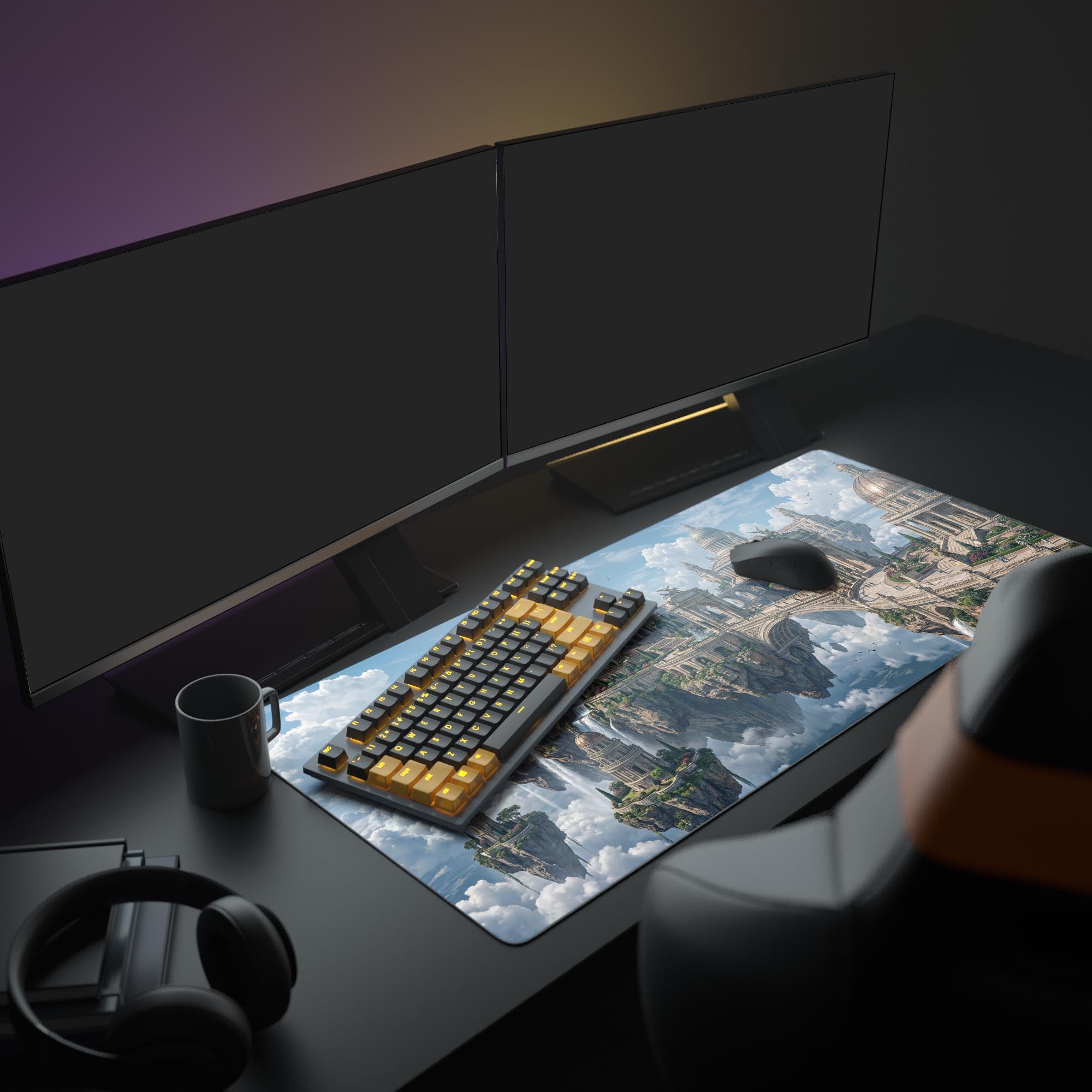 A full gaming setup with the Aetherial Empire Mouse Pad as the centerpiece, showcasing the celestial city design under a large monitor. - Epic Design Pads & Mousepads