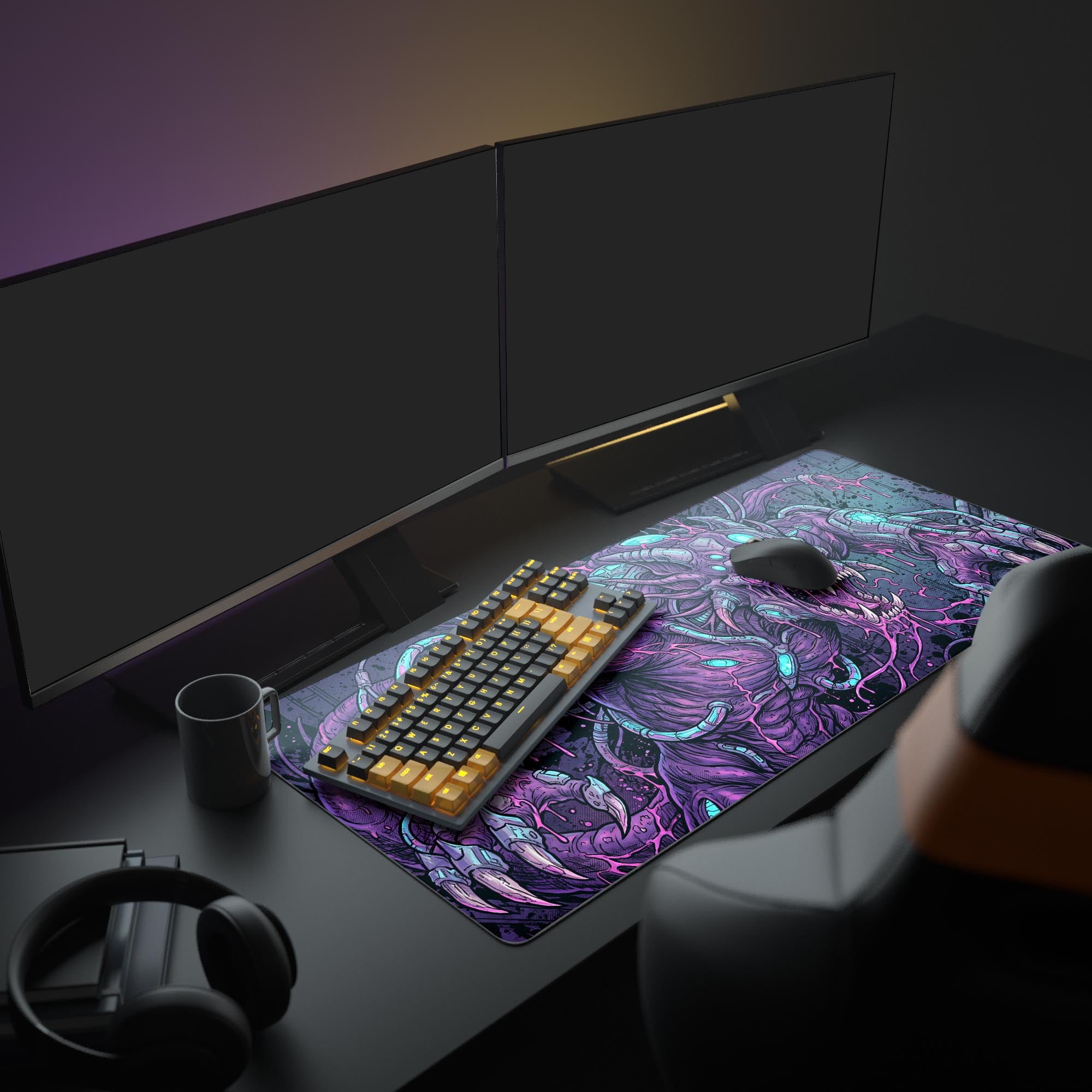 Close-up of the desk mat showcasing the intricate comic-style line art, cybernetic wiring, and sharp teeth of the monstrous creature.