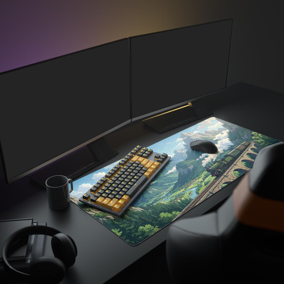Alpine Express desk mat in a dark gaming setup with a mechanical keyboard, a mouse and headphones