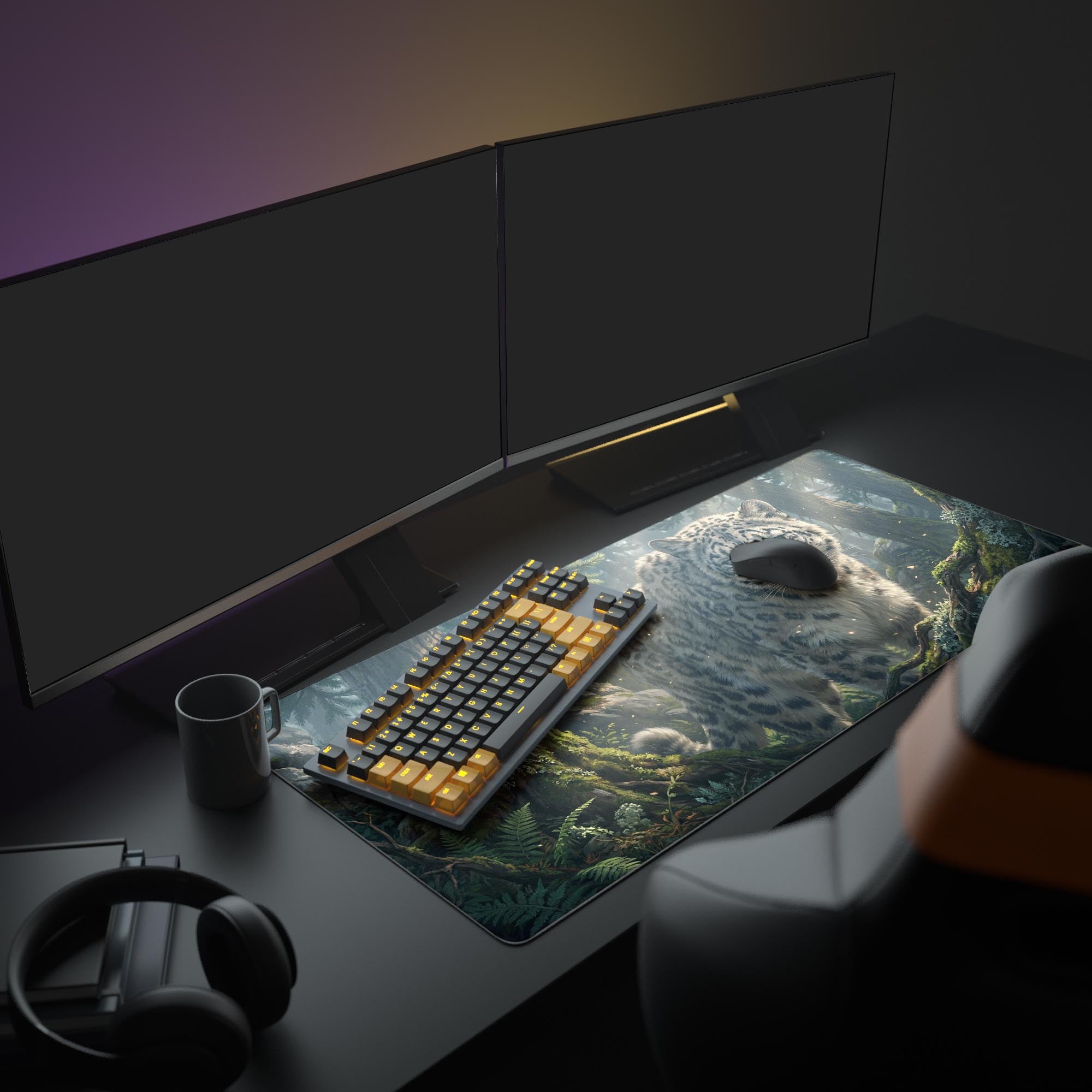 A full gaming PC setup showcasing the snow leopard mouse pad, complemented by monitors and peripherals for a complete nature-themed aesthetic. - Epic Design Pads & Mousepads