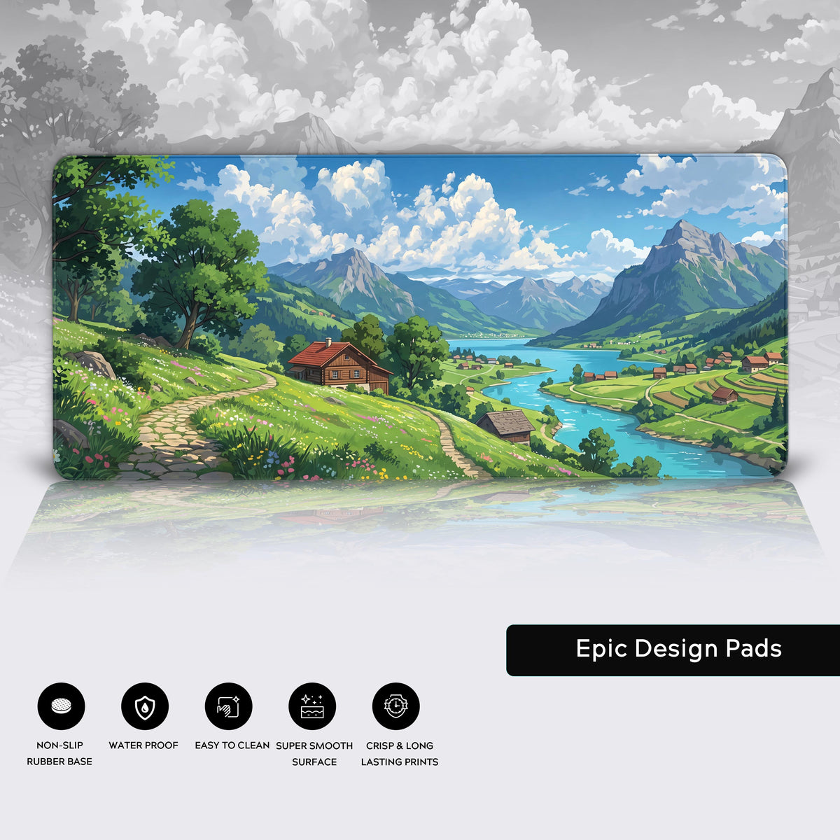 A vibrant landscape desk mat hovering above a reflective surface, showcasing lush greenery, a serene alpine river, and a bright blue sky filled with fluffy white clouds.