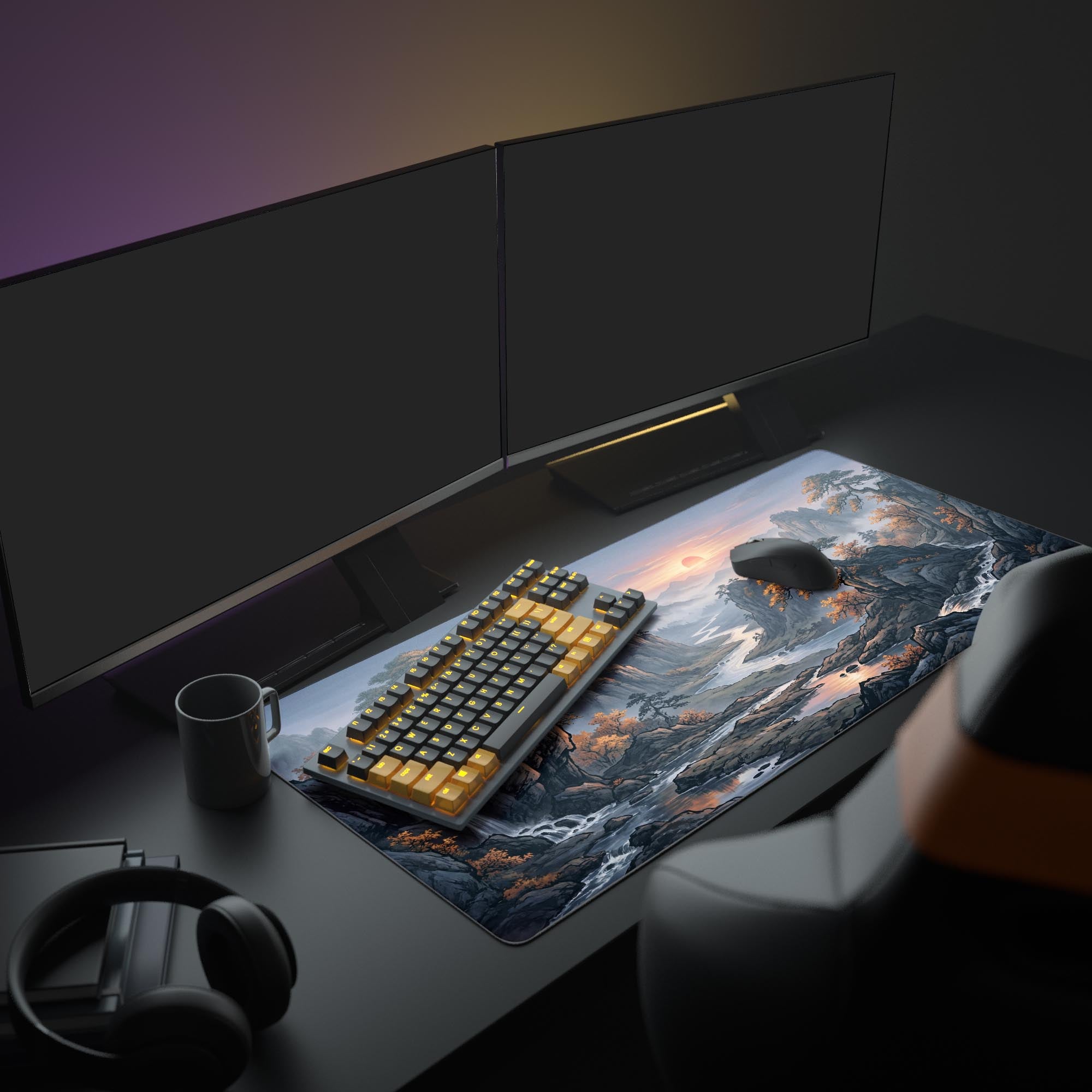 A full PC setup showcasing the Amber Horizon gaming desk mat. The XL mouse pad displays a serene mountain and river scene under a large monitor, creating a calm workspace aesthetic. - Epic Design Pads & Mousepads