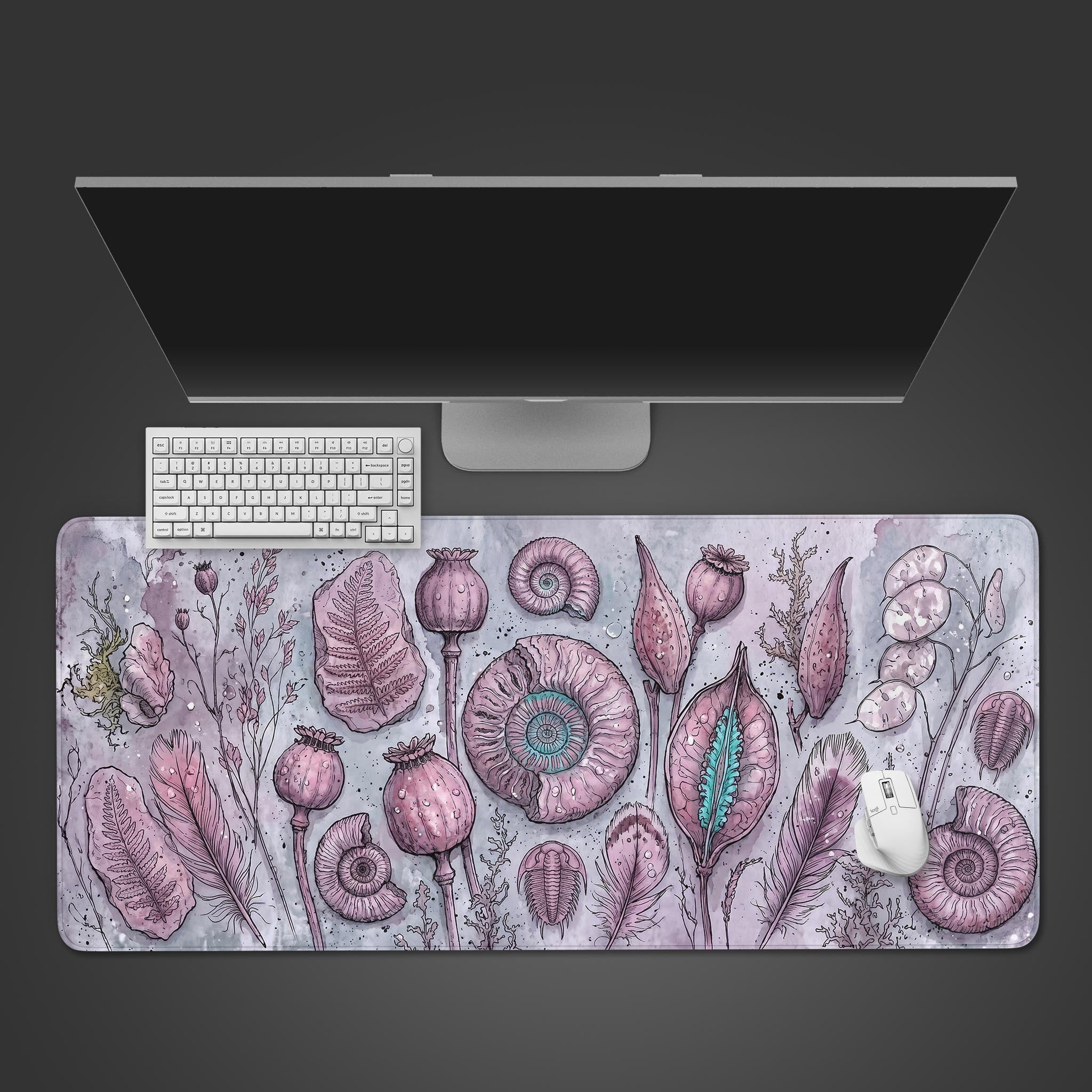 Fossil Flora vintage botanical desk mat featuring pink ammonites and ferns