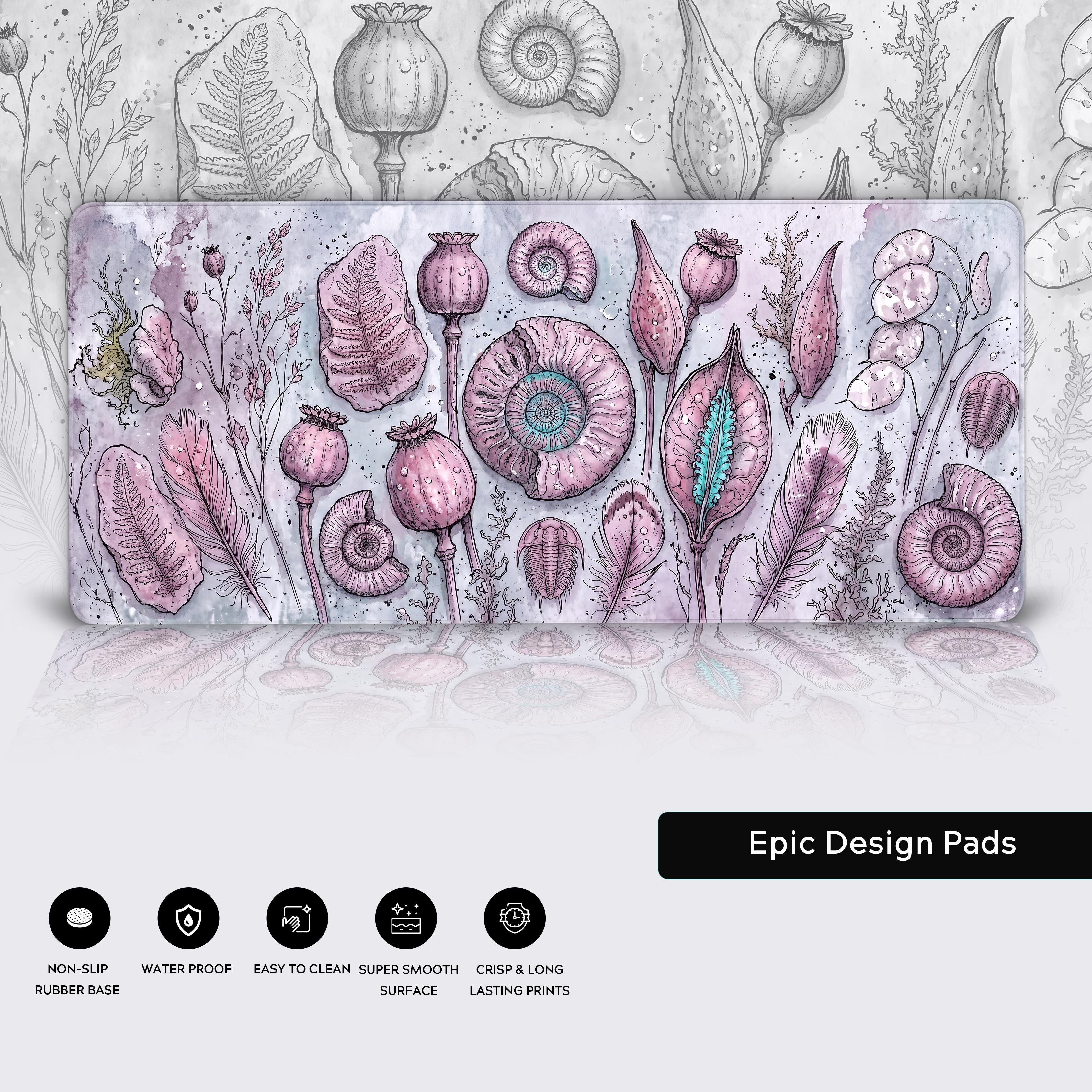Top-down view of the Fossil Flora extended mousepad showing detailed seed pods and trilobites