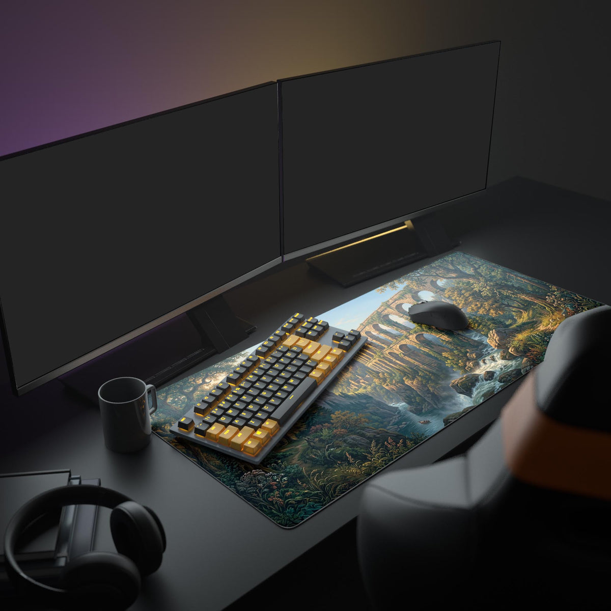 A full PC setup featuring the Ancient Aqueduct XL mouse pad, creating an epic fantasy aesthetic with dual monitors and peripherals. - Epic Design Pads & Mousepads
