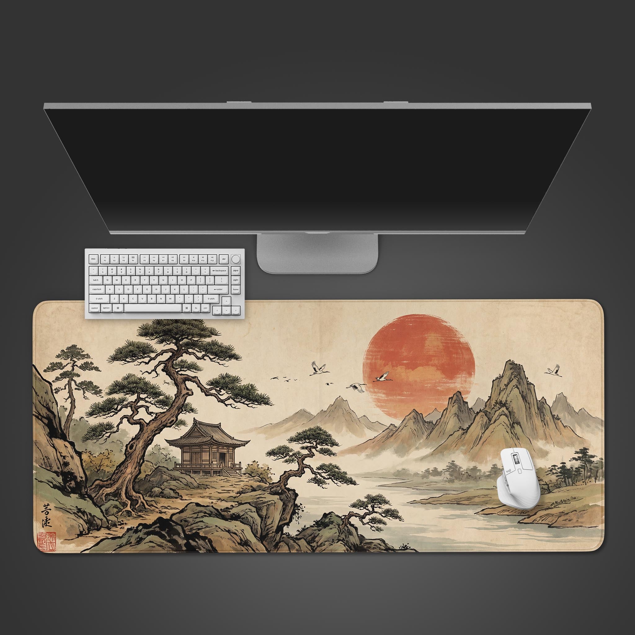Top-down view of the Ancient Resilience gaming desk mat, featuring a Japanese ink painting design, with a white keyboard and mouse on a dark surface. - Epic Design Pads & Mousepads