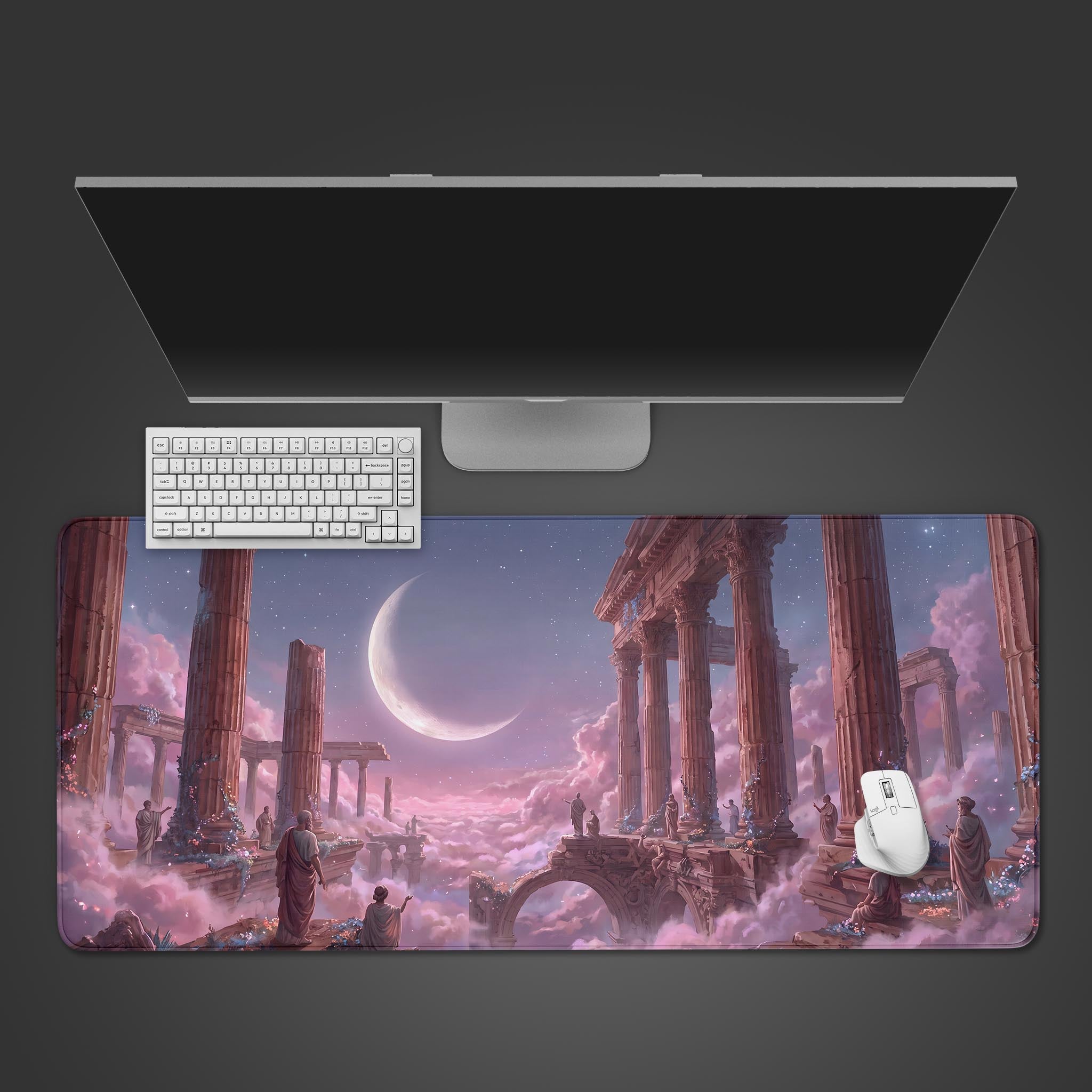 A fantasy desk mat featuring ancient classical ruins floating in pink clouds under a giant crescent moon.