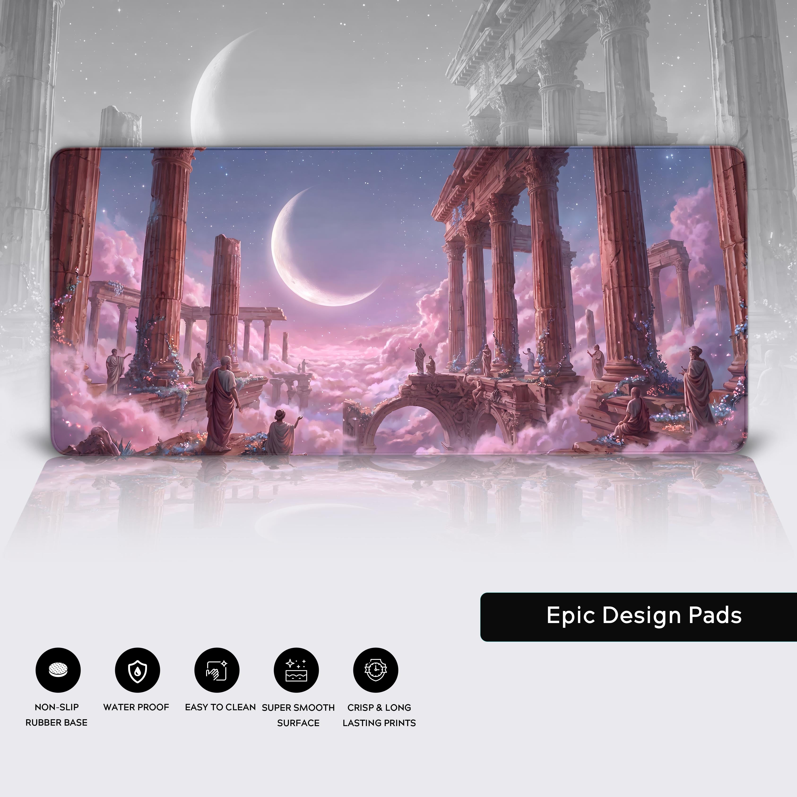 Epic Design Pads desk mat showcasing water-proof, non-slip rubber base, and super smooth surface feature icons against an ancient ruins backdrop.