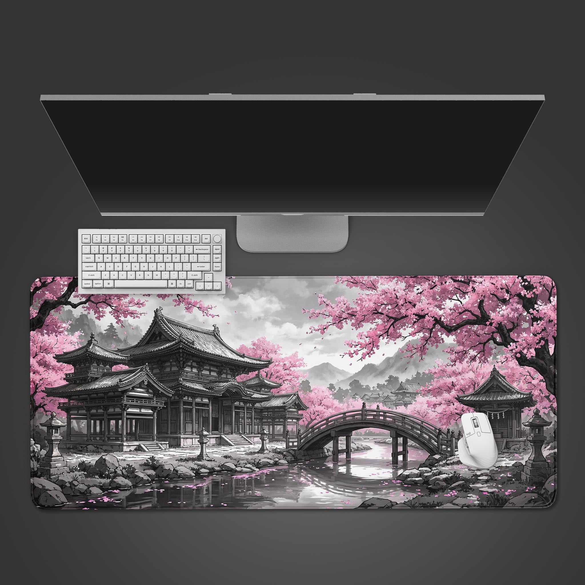 The Ancient Spring Gaming Desk Mat seen from above, with a white keyboard and mouse placed on its Japanese temple and pink cherry blossom design. - Epic Design Pads & Mousepads