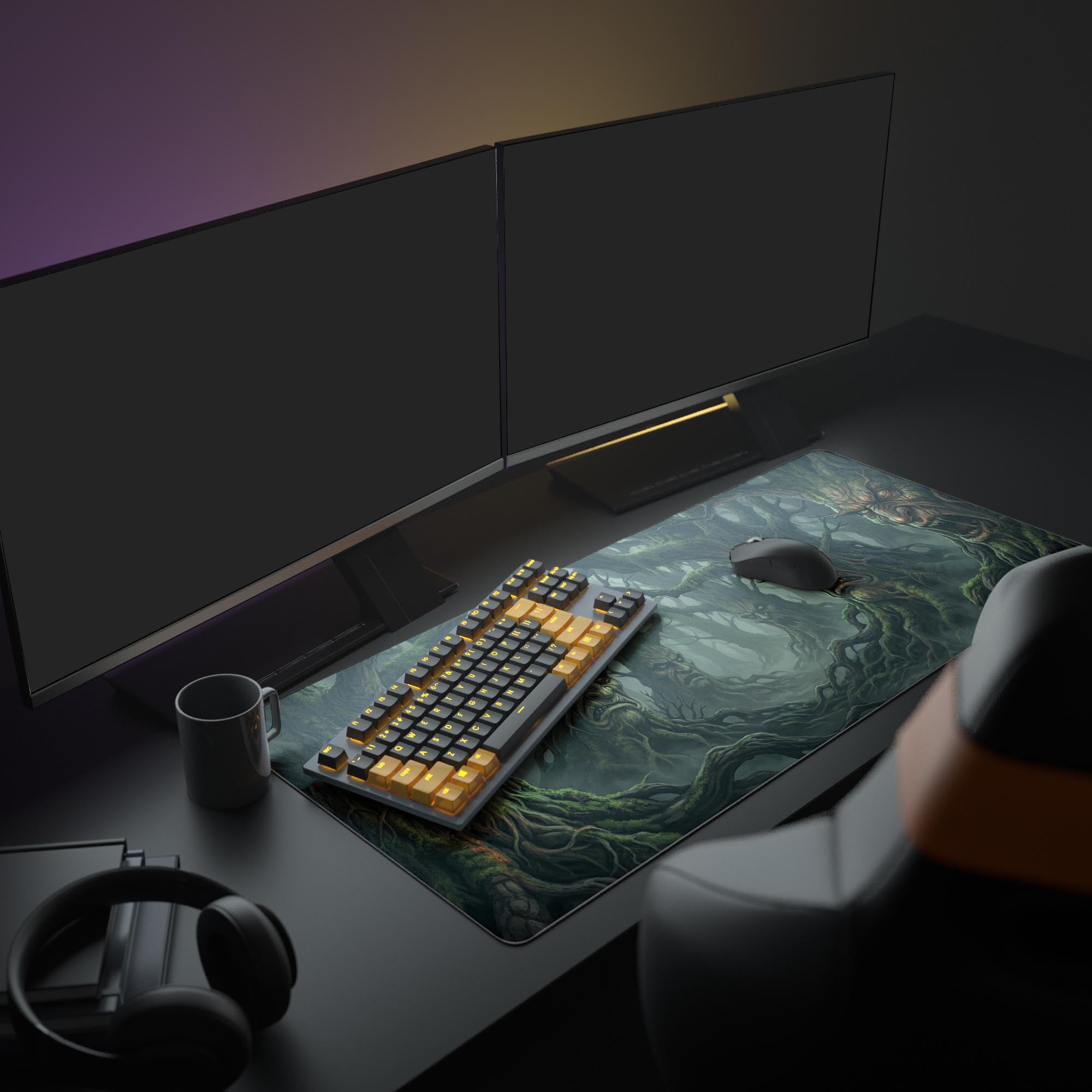 Large Ancient Watchers gaming desk mat in a full TTRPG setup with dual monitors, mechanical keyboard, and headphones, showcasing its dark fantasy aesthetic. - Epic Design Pads & Mousepads