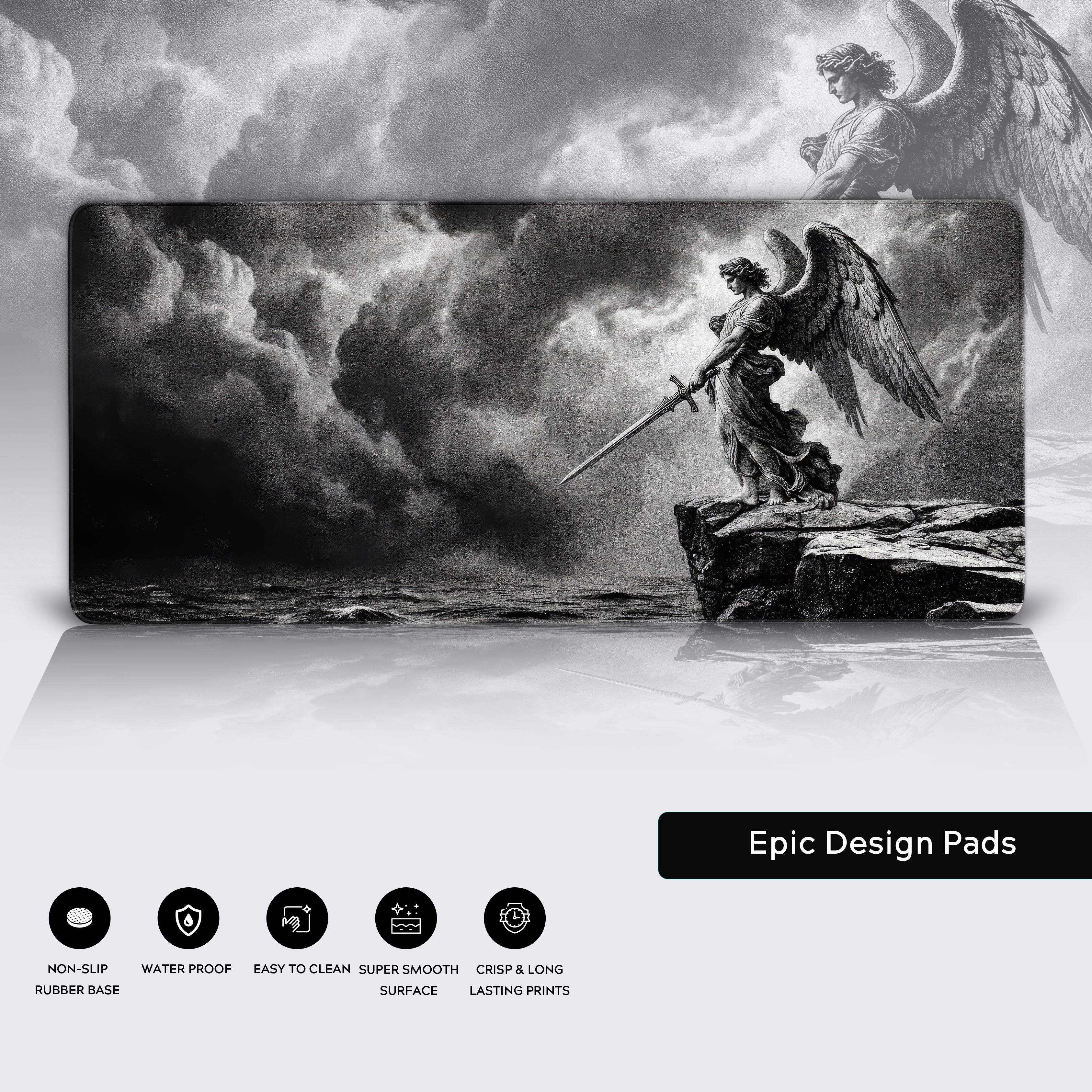 Full view of the epic classical angel mouse pad resting on a desk surface.