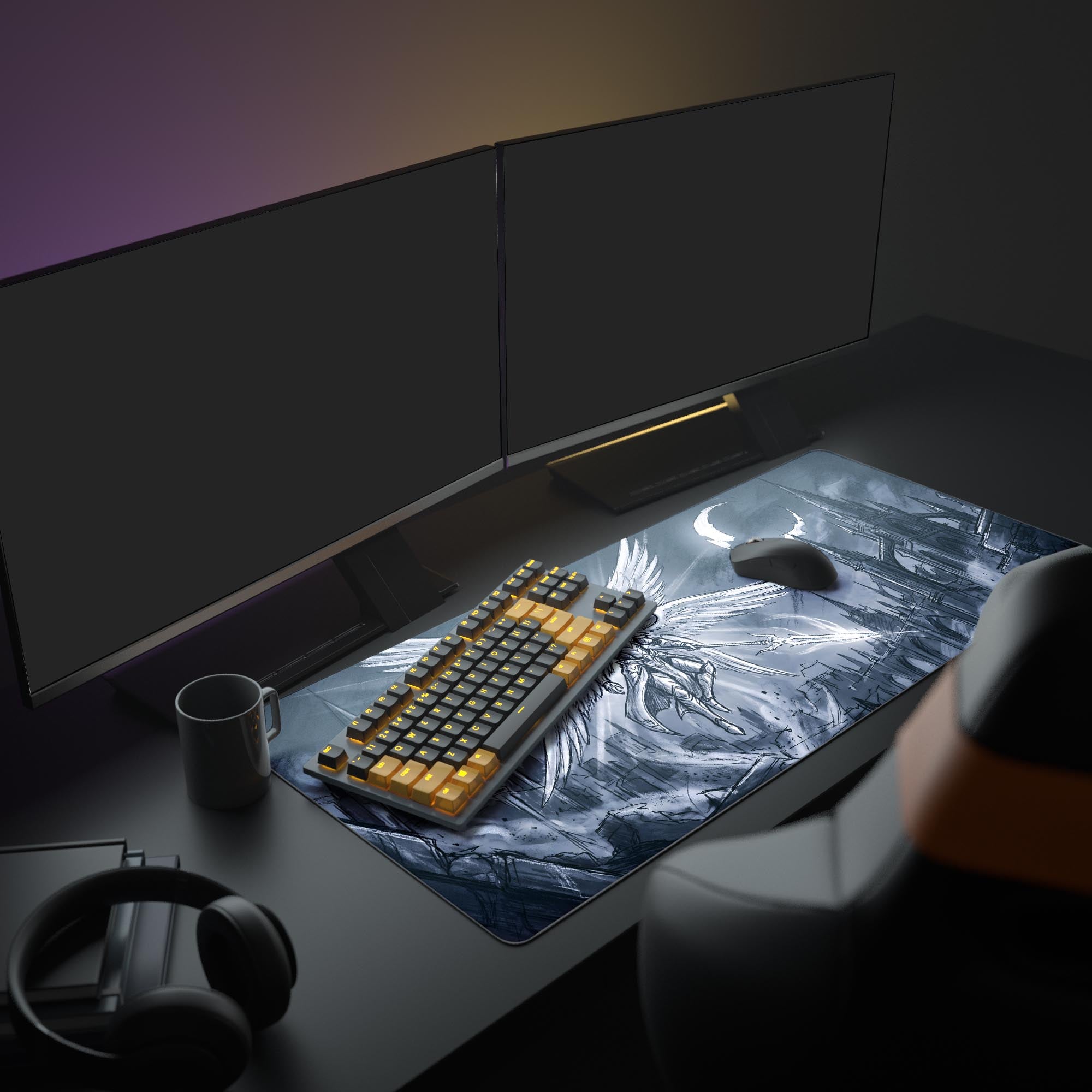 Close-up of the sketch-style artwork showing an armored angel with sprawling wings holding a glowing spear on a gaming mouse pad.