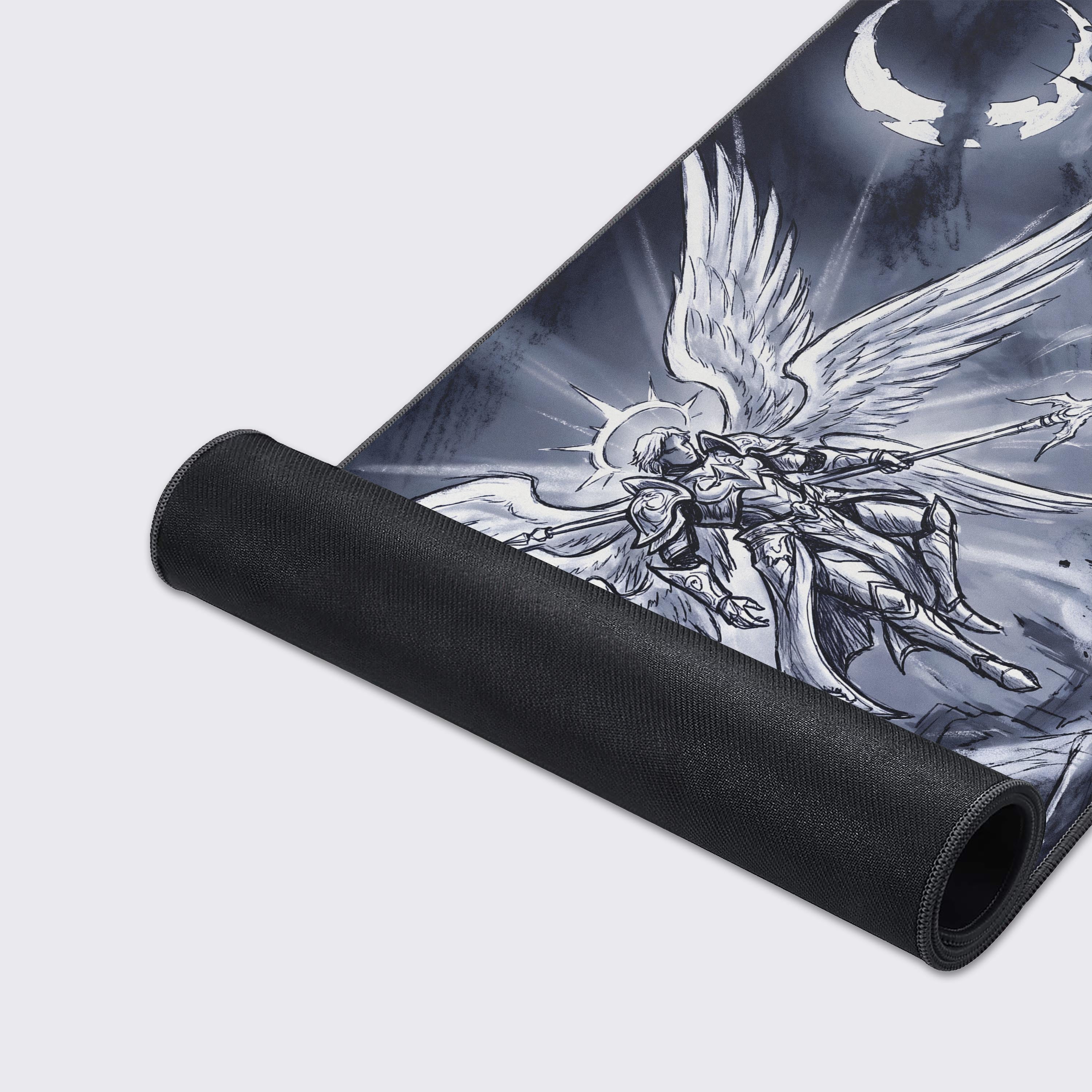 Highlighting the waterproof, easy-to-clean, and non-slip rubber base features of the gothic angel desk pad.