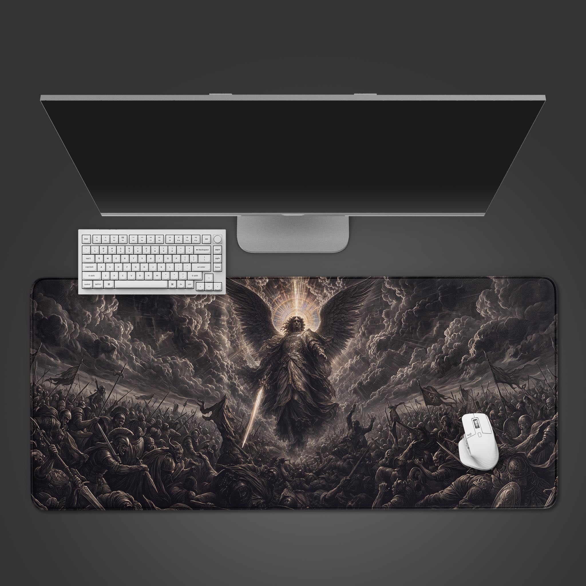 Flat lay view of a dark fantasy desk mat featuring an epic battle led by a descending angel.