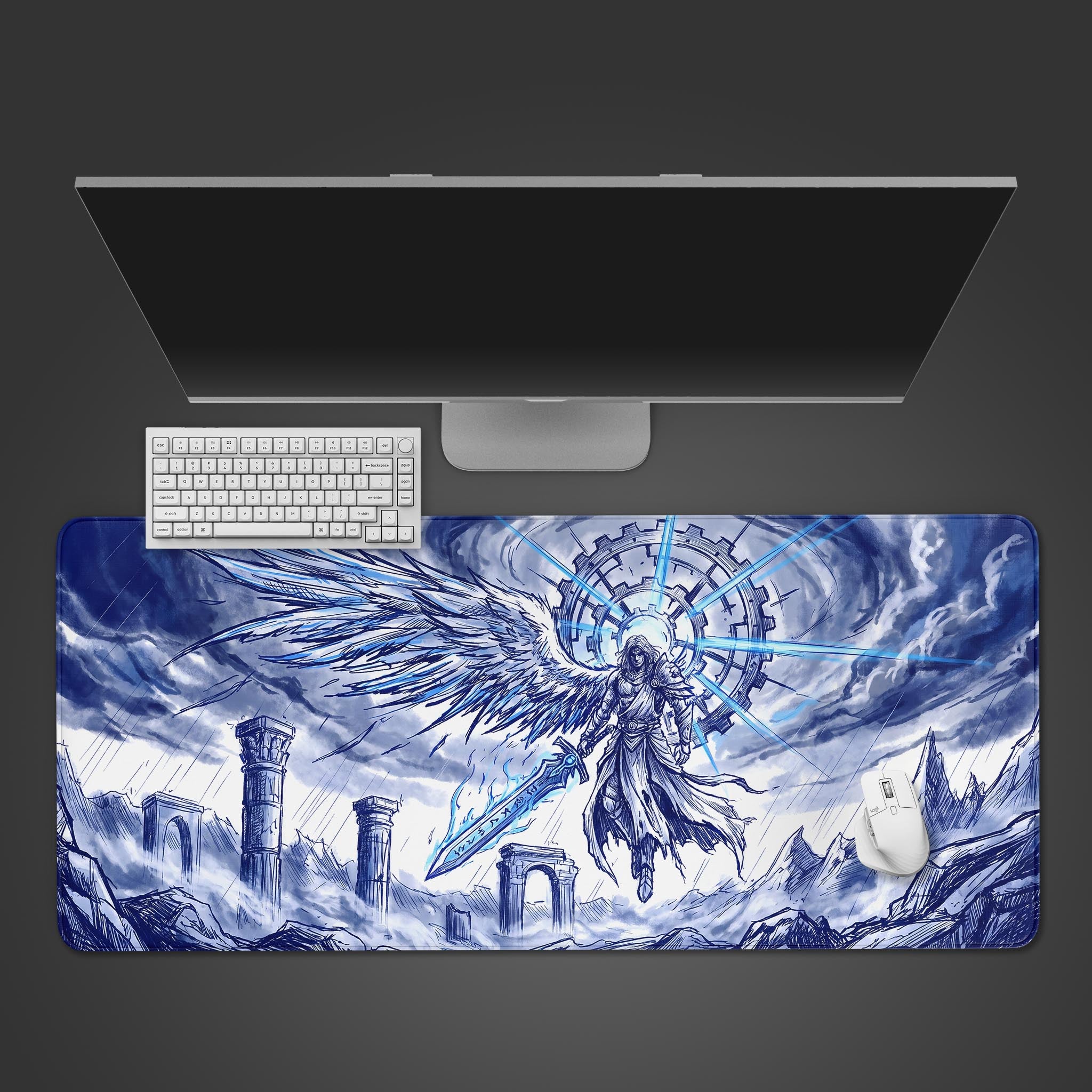 Clockwork Angel desk mat featuring a blue sketch of a winged seraph holding a sword