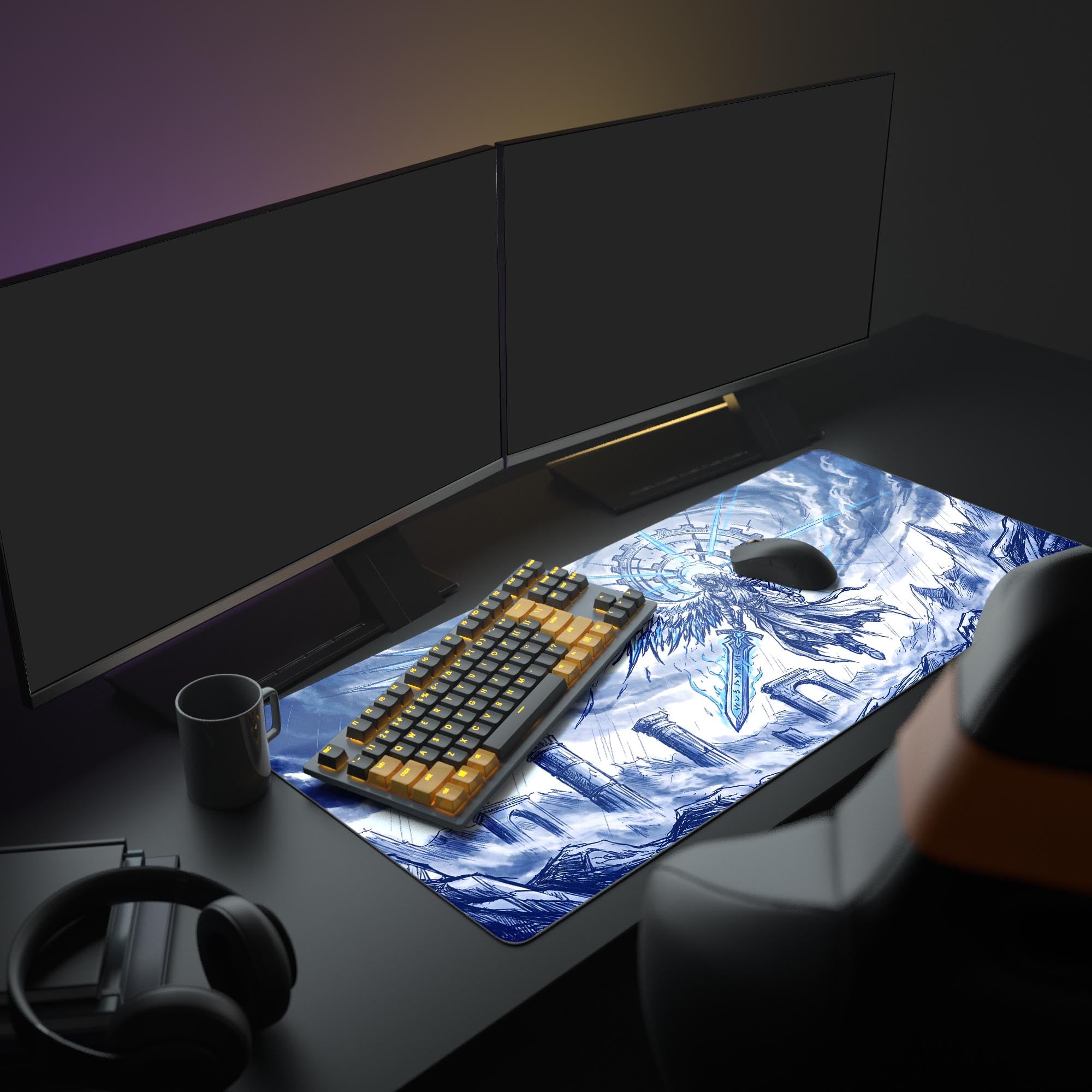 Close-up of the epic fantasy desk mat artwork showing intricate gear wings and ancient ruins