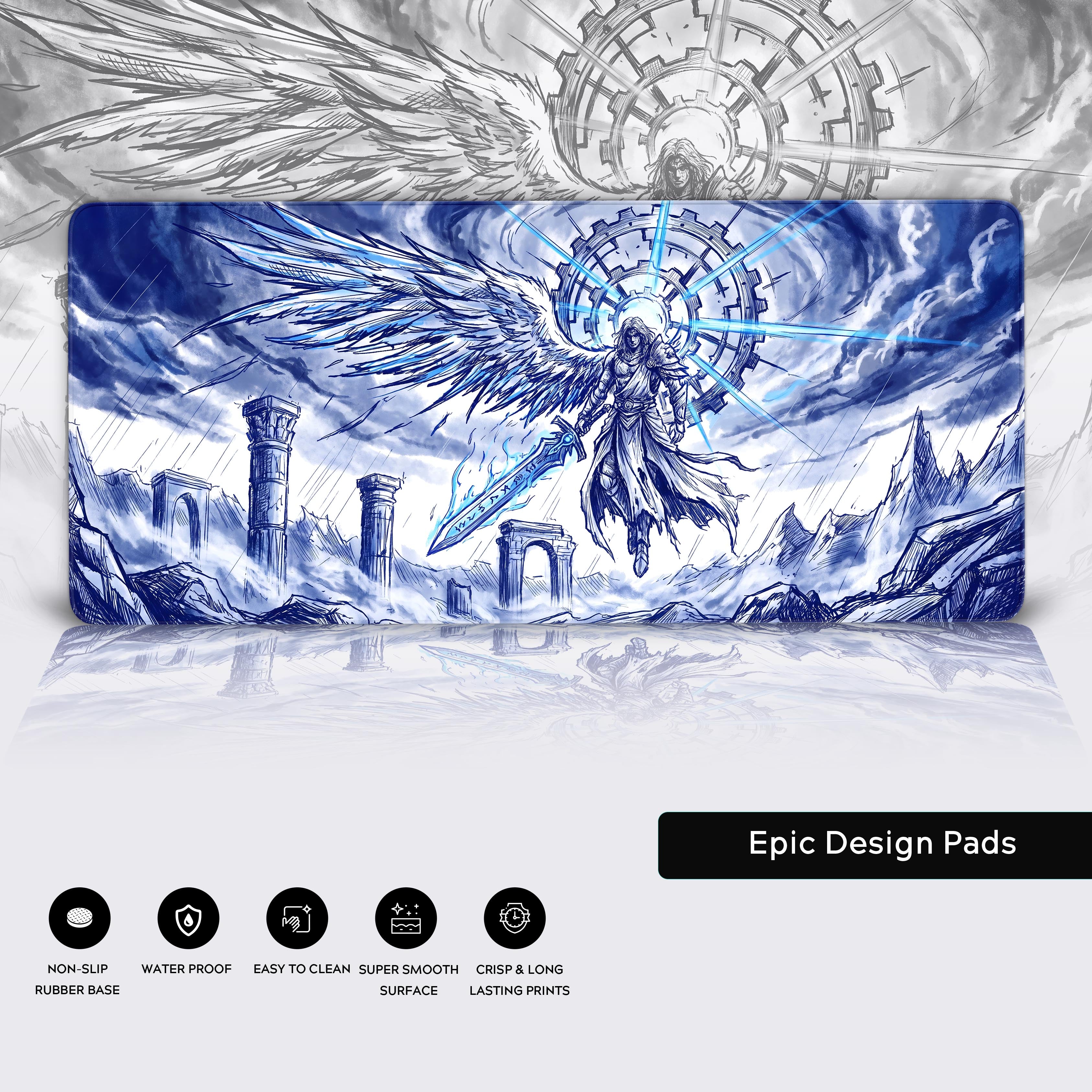 Epic blue ink style angel mousepad showcasing pixel-perfect glide and stitched edges for intense gaming setups