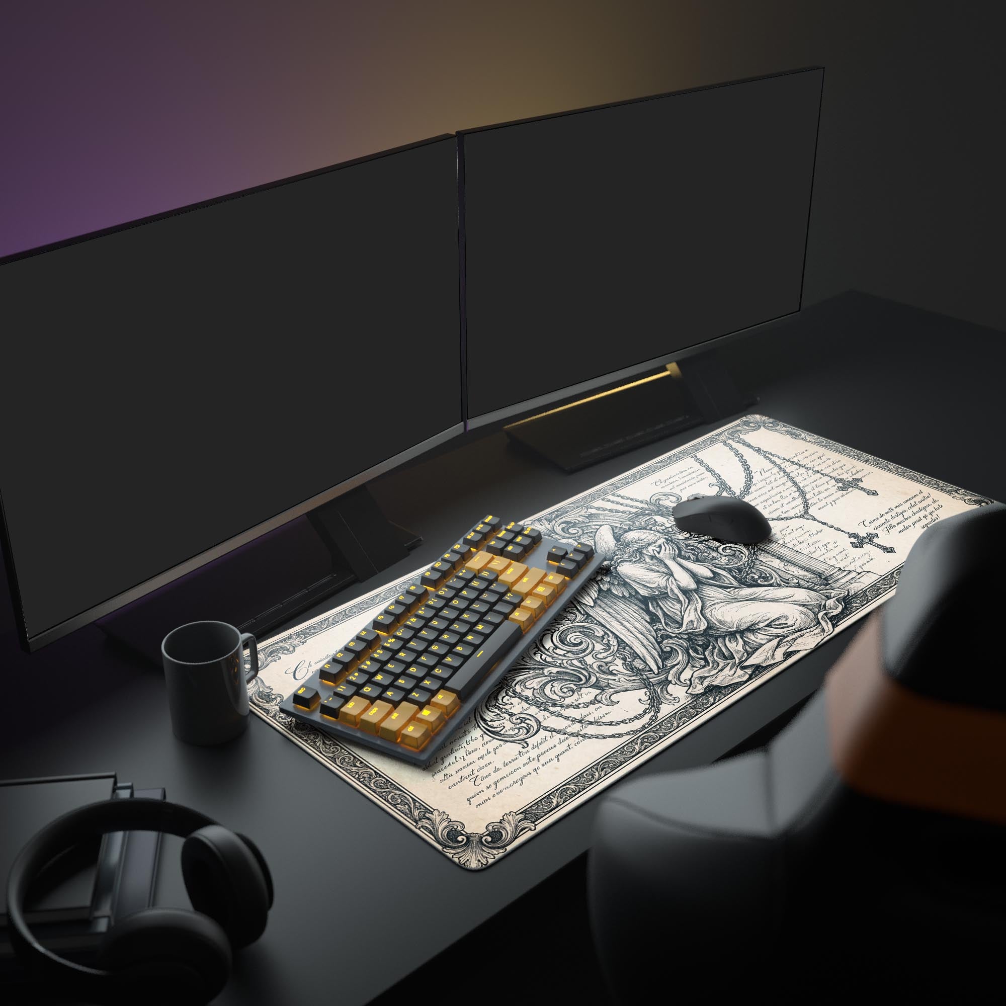 A Dark Academia PC setup featuring the Angelic Sorrow mouse pad under a glowing monitor, keyboard, and mouse, enhancing the gothic workspace aesthetic. - Epic Design Pads & Mousepads