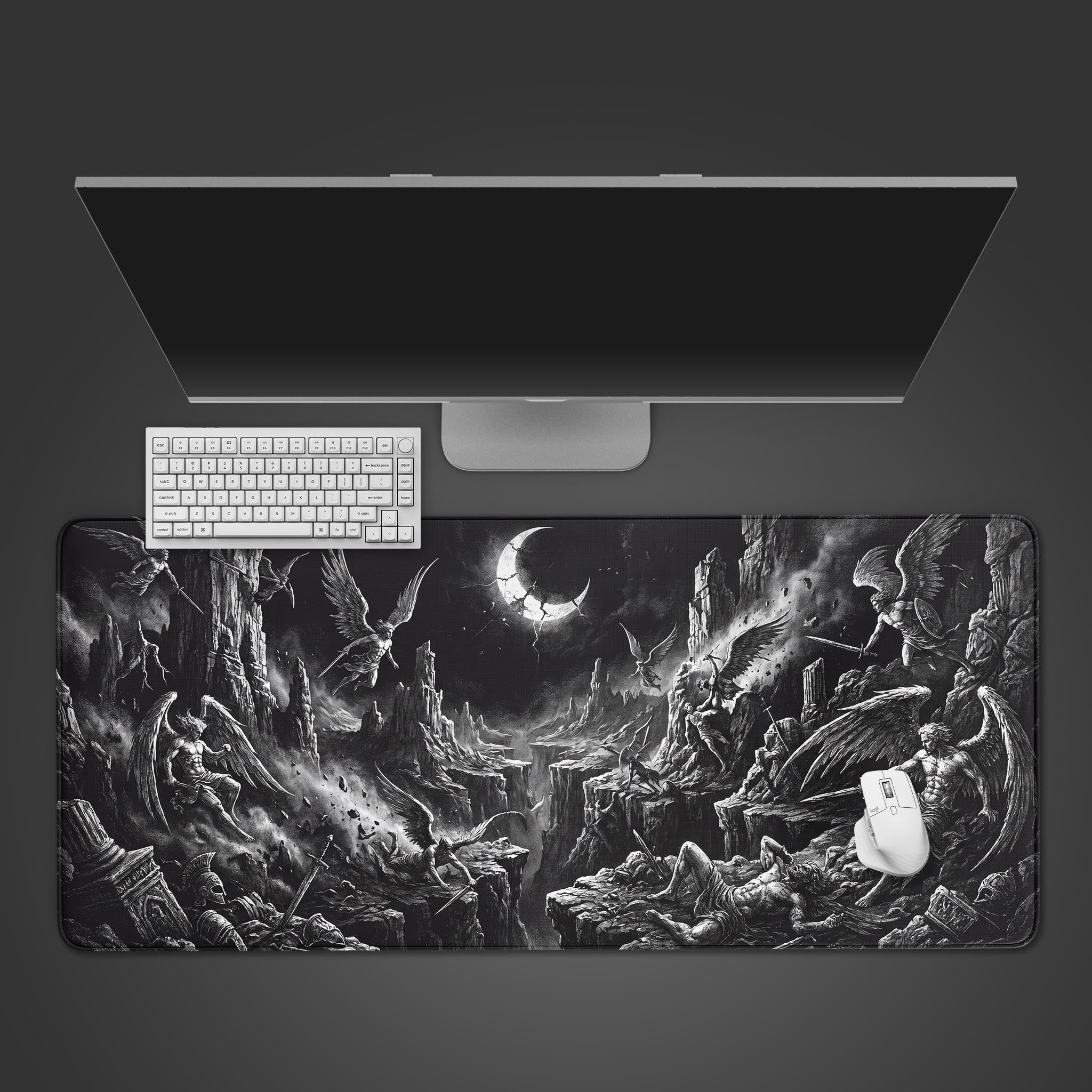 A monochromatic epic fantasy desk mat featuring a battle of angels beneath a cracked crescent moon