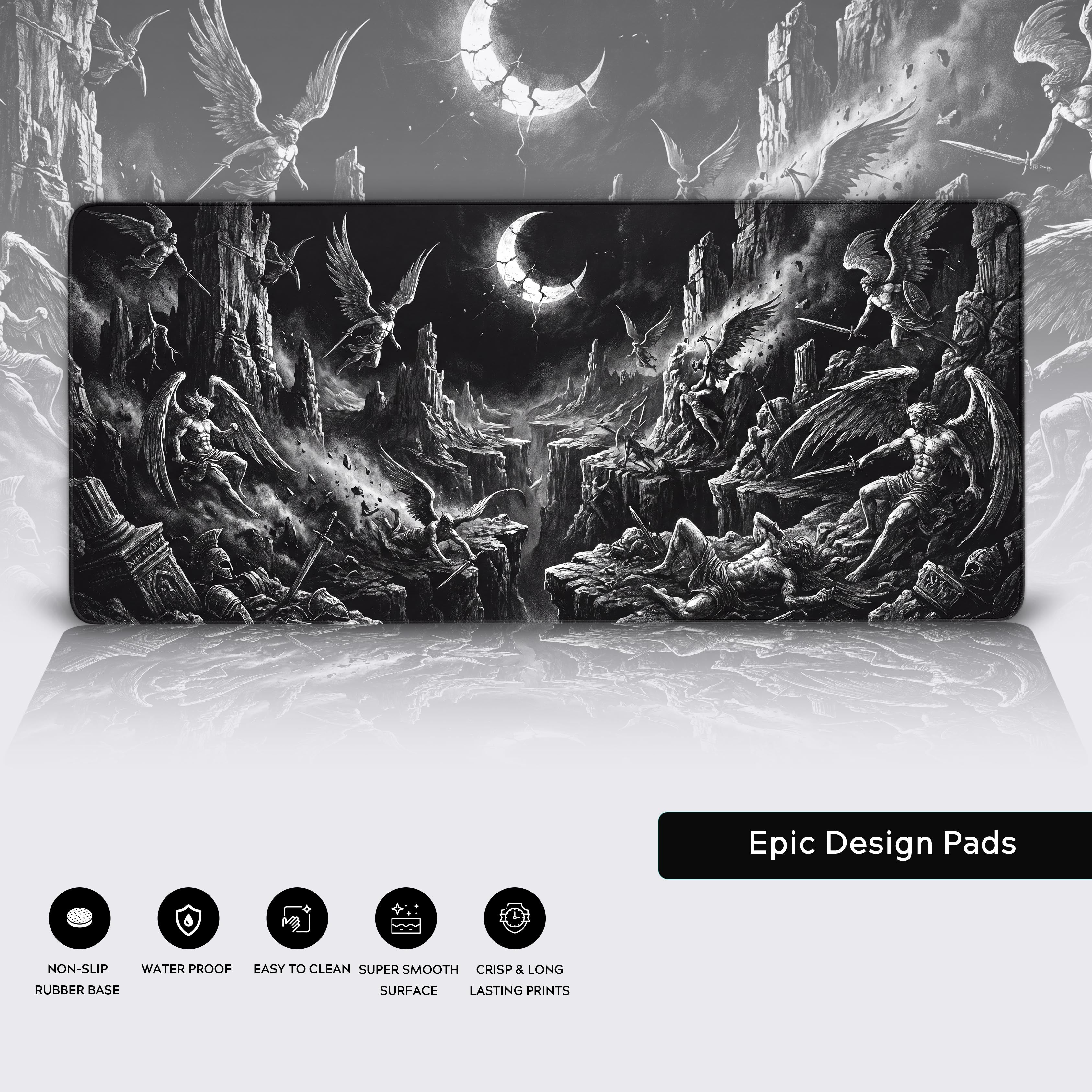 A graphic highlighting the desk mat features including non-slip rubber base, waterproof surface, and crisp lasting prints