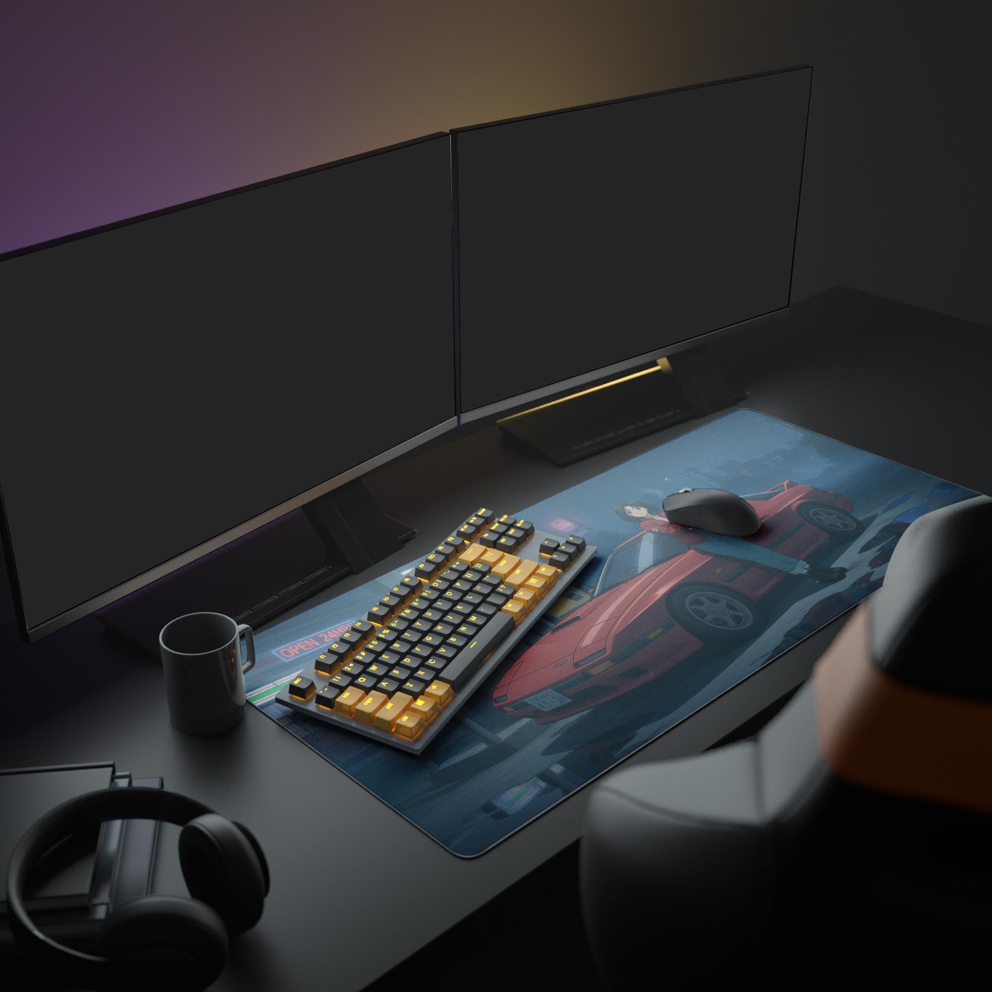gaming desk mat with anime car design and RGB keyboard setup - Epic Design Pads & Mousepads