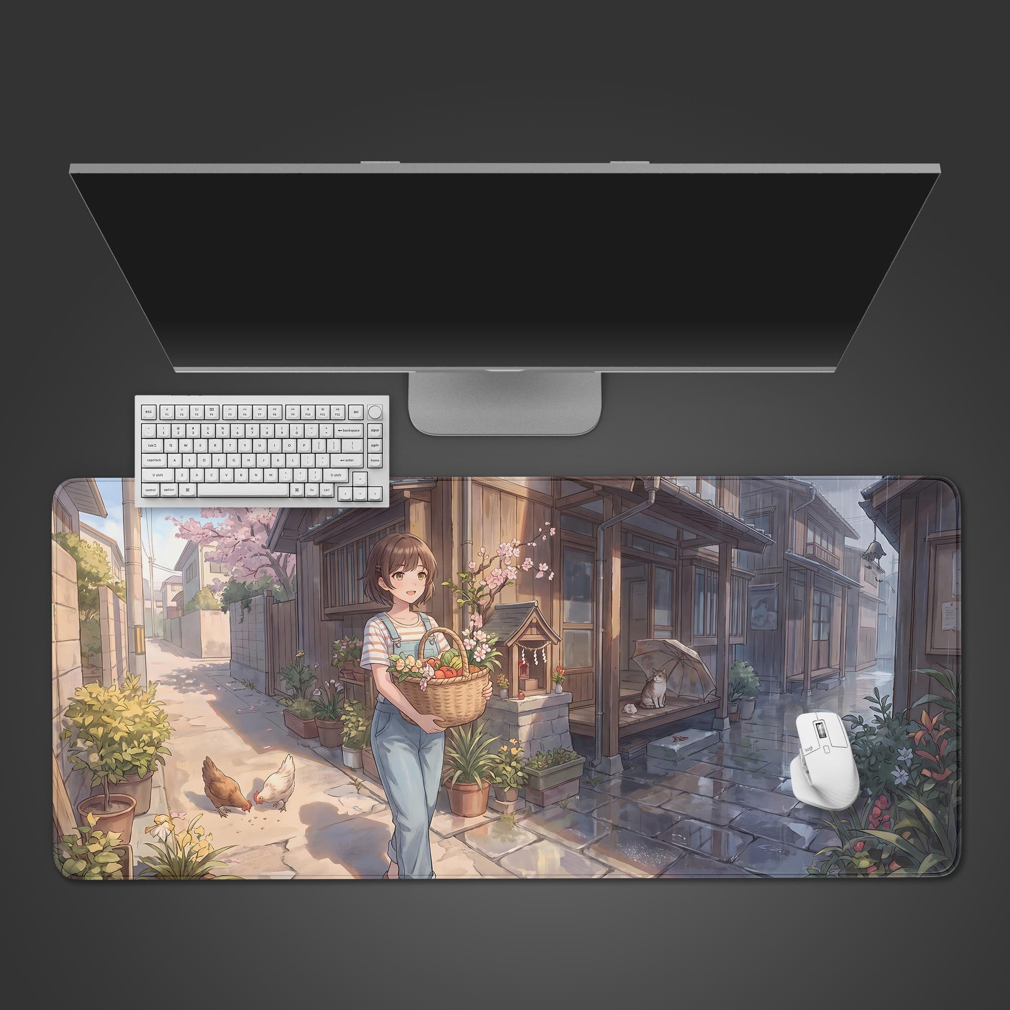 A desk mat featuring an anime girl in overalls walking down a peaceful Japanese village street after the rain, holding a basket of flowers