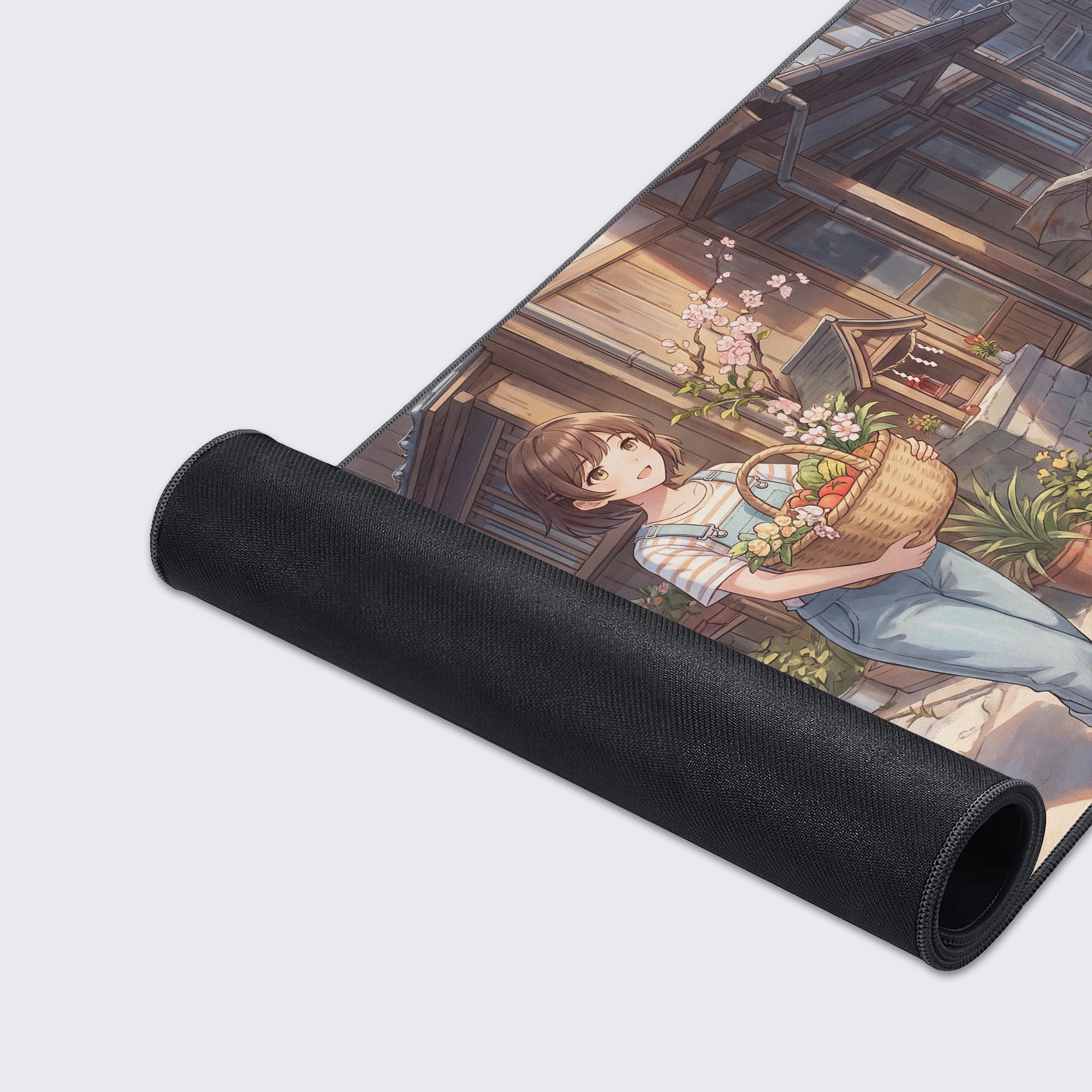 Detail of a cat sitting comfortably under a paper umbrella on the wooden porch of a traditional Japanese house depicted on the desk mat