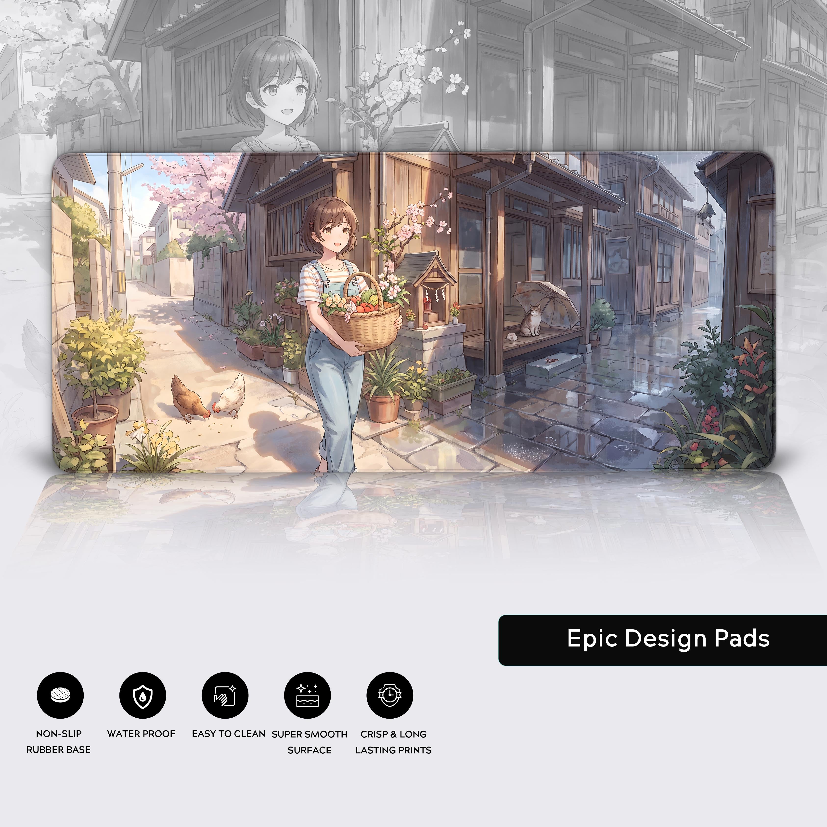Product view of the desk mat showcasing the full anime-style rural landscape with cherry blossoms and serene village atmosphere