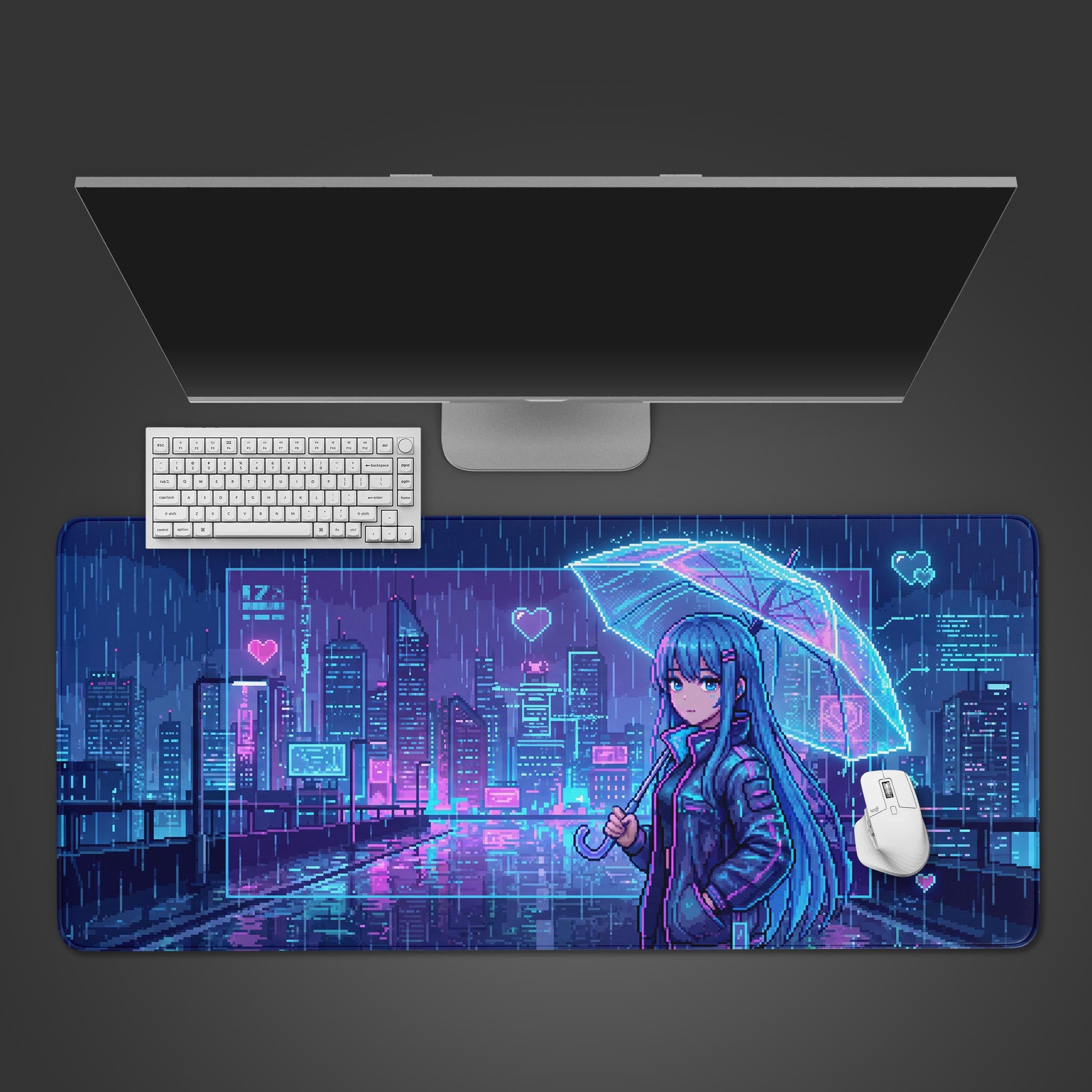 A desk mat displaying a pixel art anime girl holding an umbrella in a neon-lit cyberpunk city during a rainstorm.