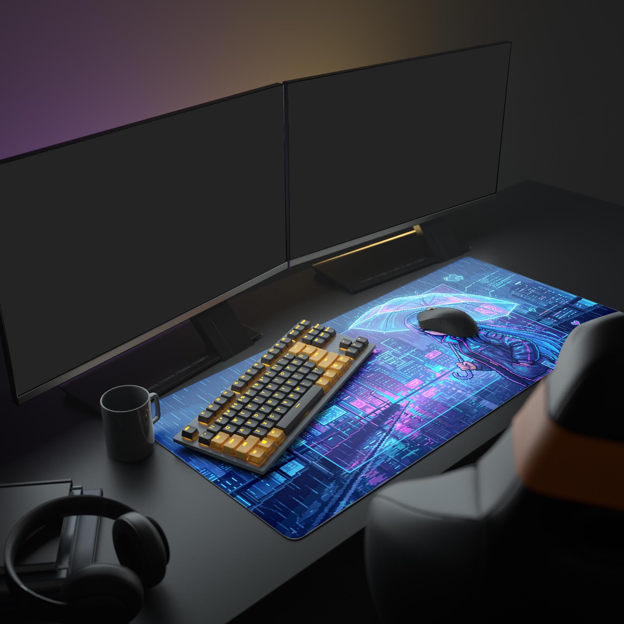 Close-up detail of the glowing pink neon hearts and holographic UI overlays on the pixel art desk mat.